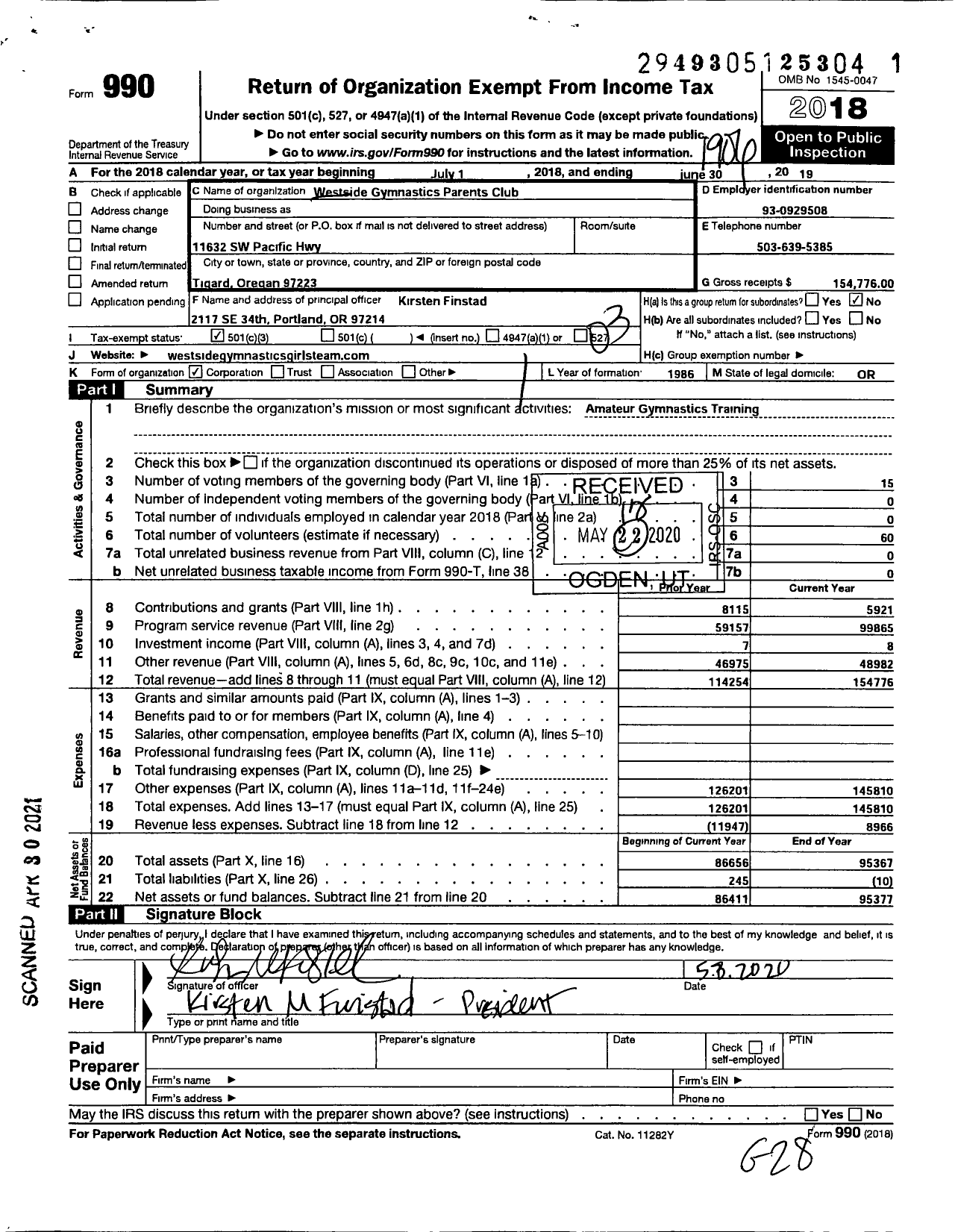 Image of first page of 2018 Form 990 for Westside Gymnastics Parents Club