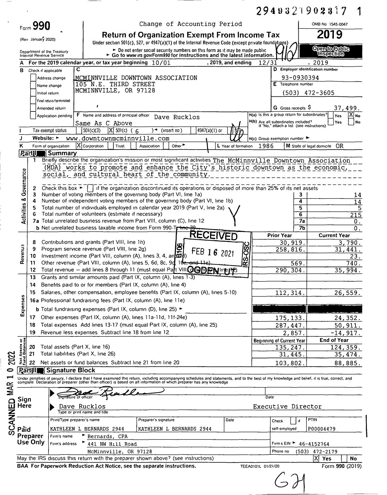 Image of first page of 2019 Form 990O for Mcminnville Downtown Association