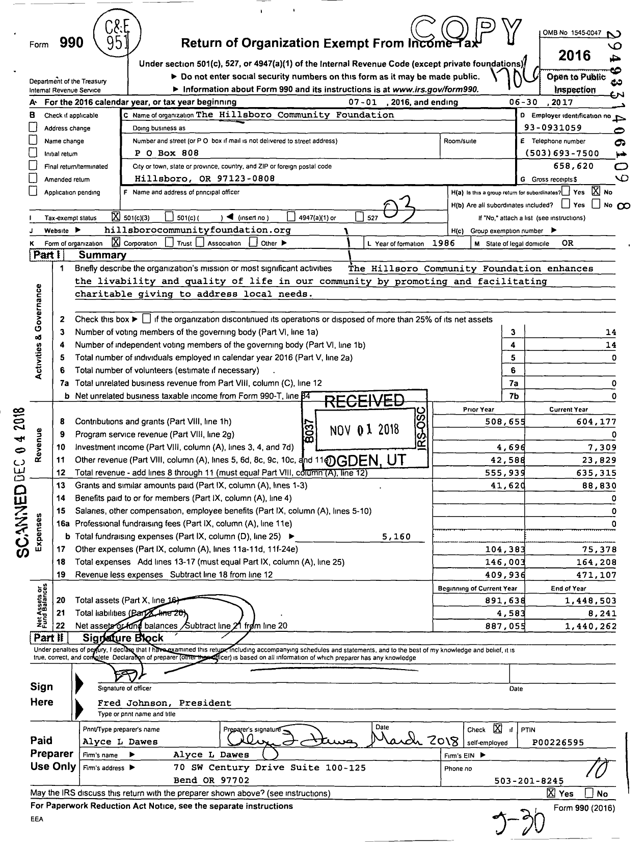 Image of first page of 2016 Form 990 for The Hillsboro Community Foundation