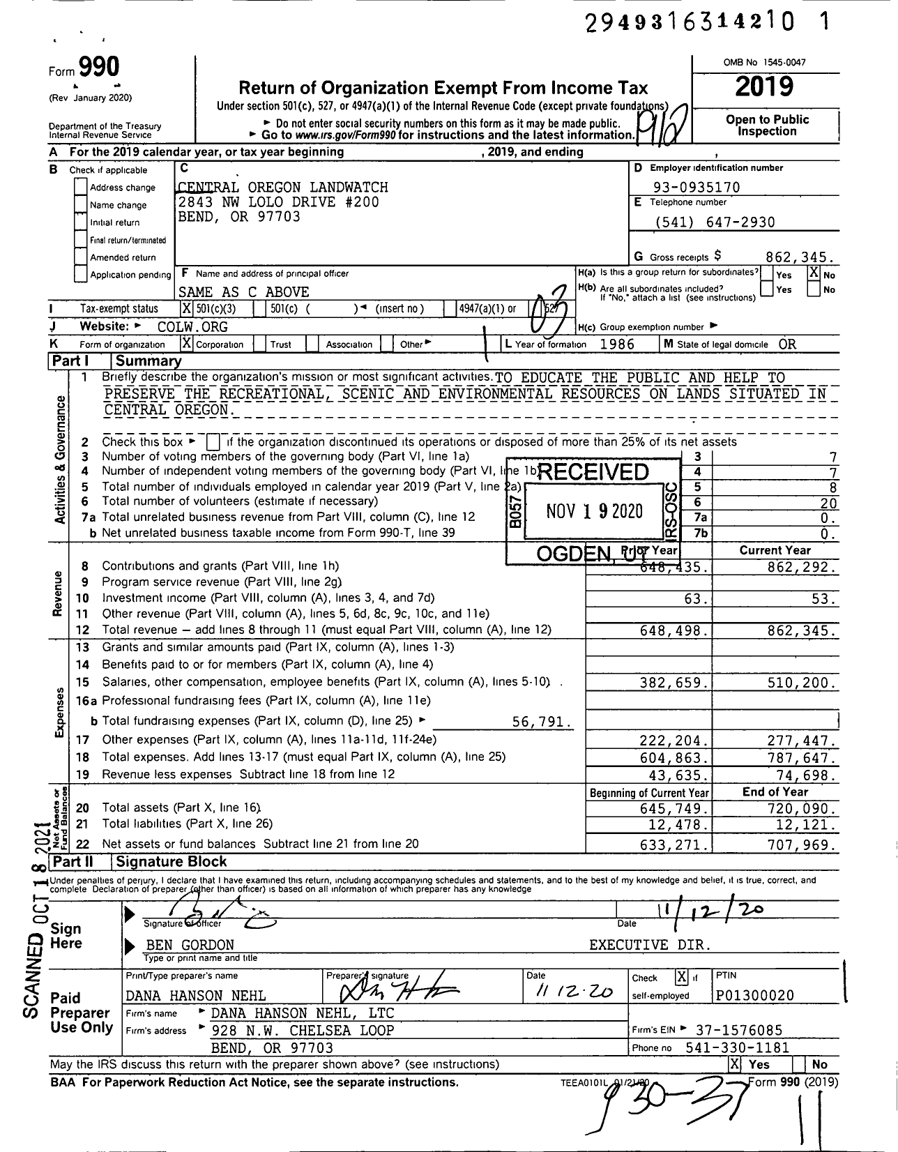 Image of first page of 2019 Form 990 for Central Oregon Landwatch