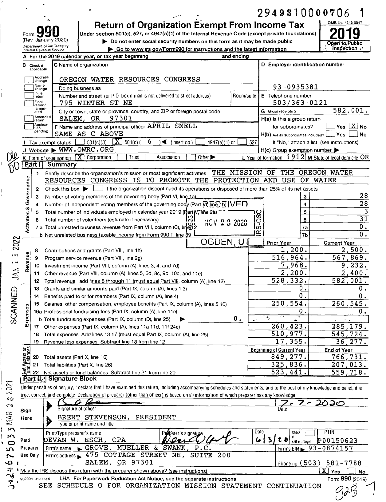 Image of first page of 2019 Form 990O for Oregon Water Resources Congress