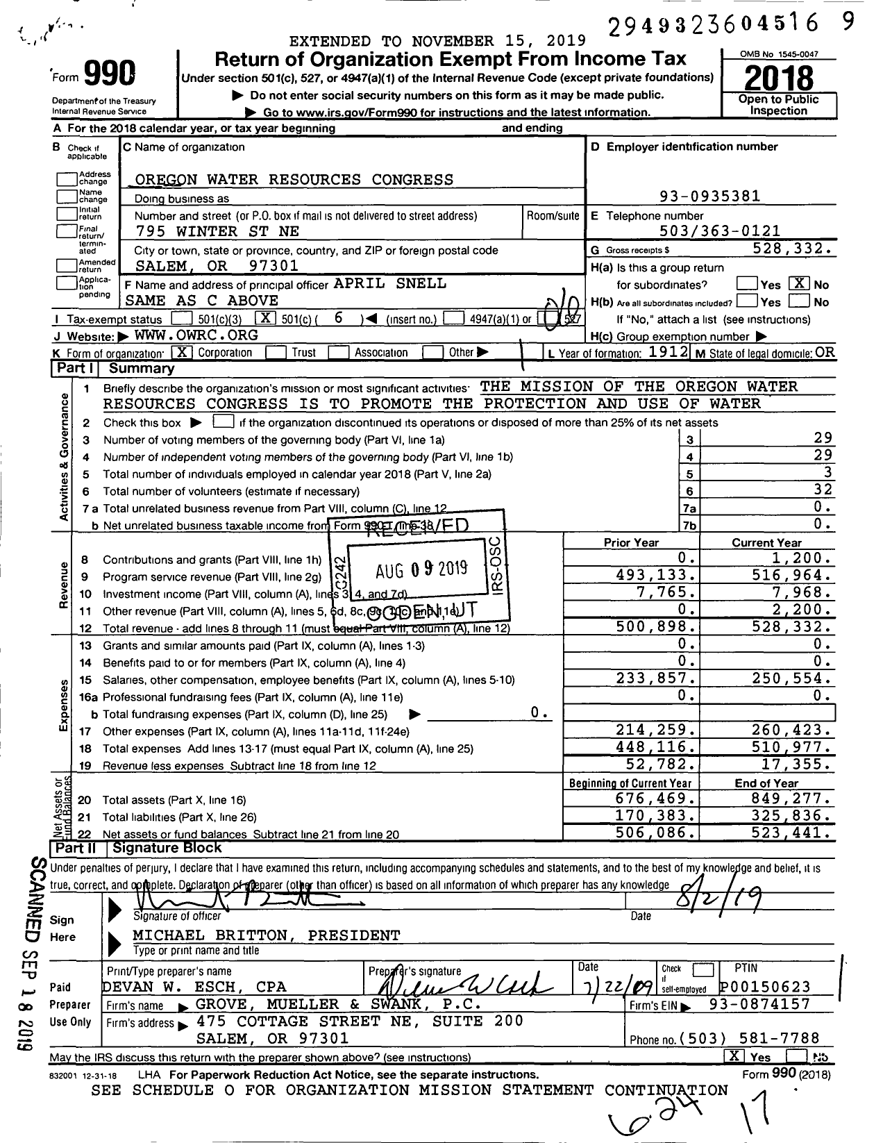 Image of first page of 2018 Form 990O for Oregon Water Resources Congress