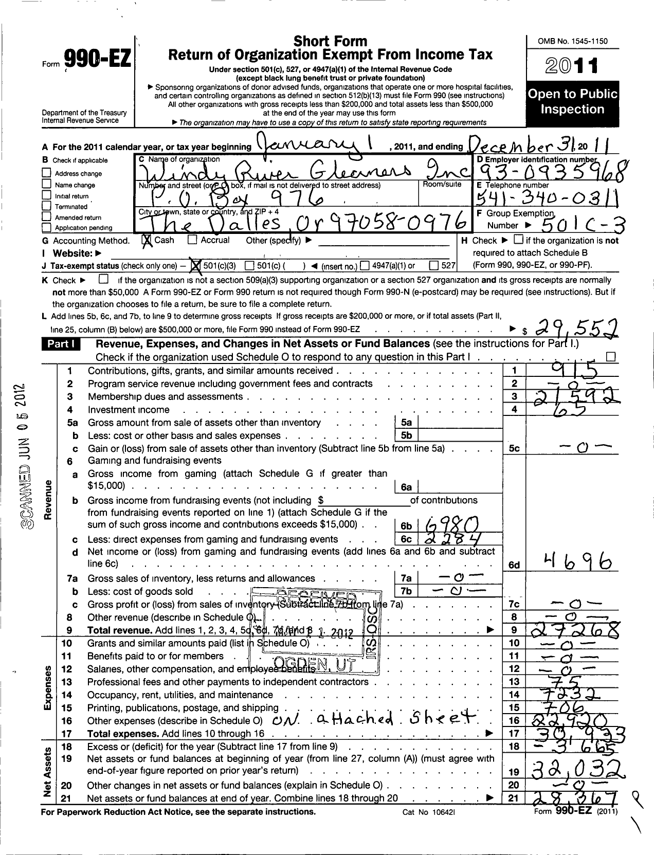 Image of first page of 2011 Form 990EZ for Windy River Gleaners