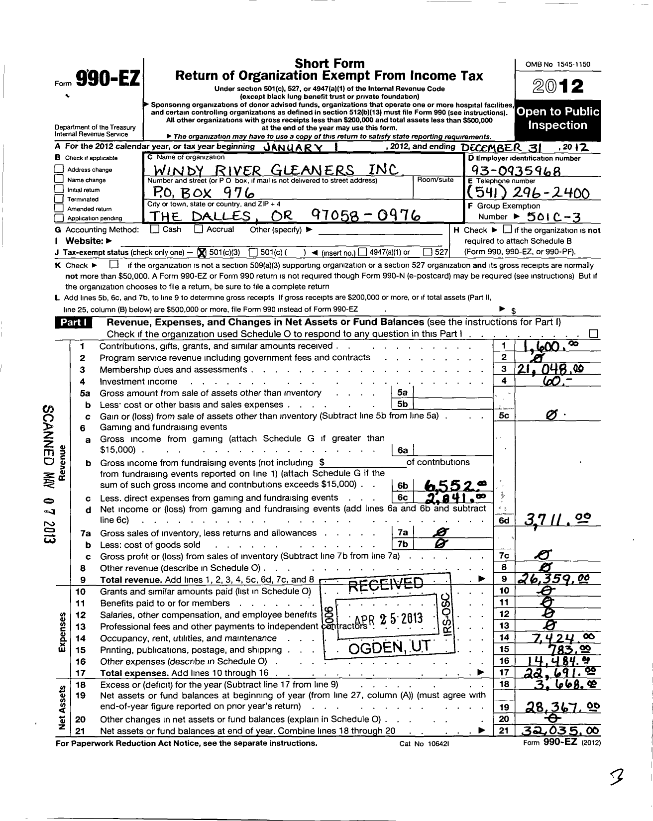 Image of first page of 2012 Form 990EZ for Windy River Gleaners