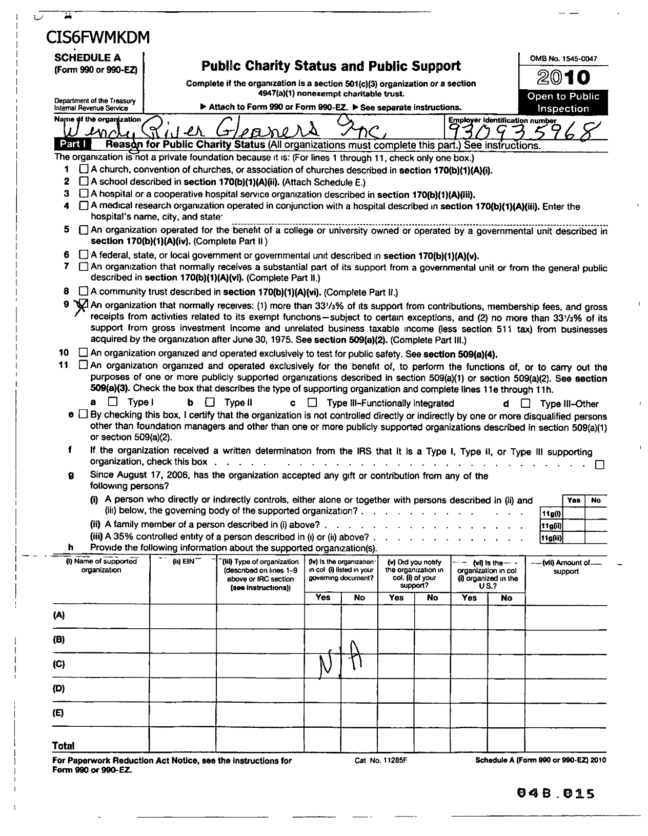 Image of first page of 2010 Form 990R for Windy River Gleaners