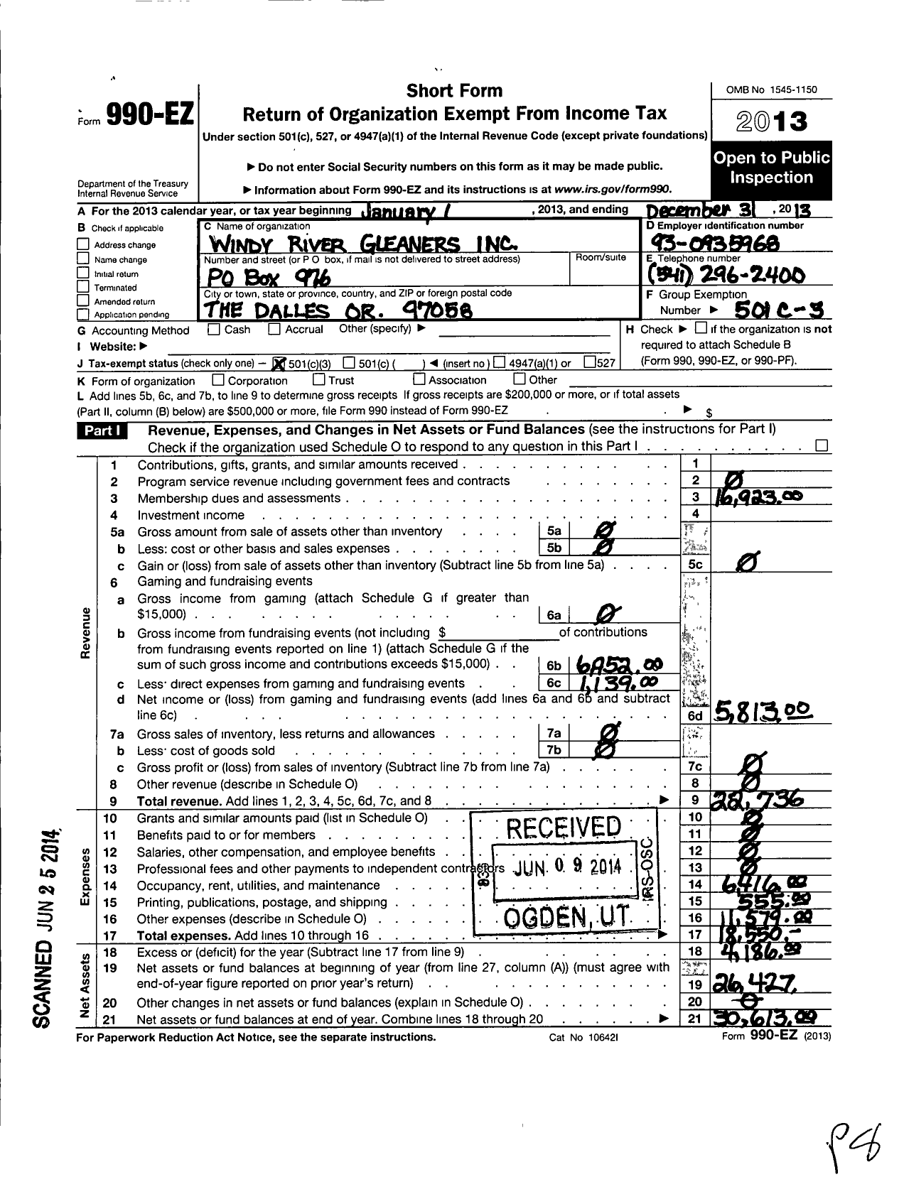 Image of first page of 2013 Form 990EZ for Windy River Gleaners