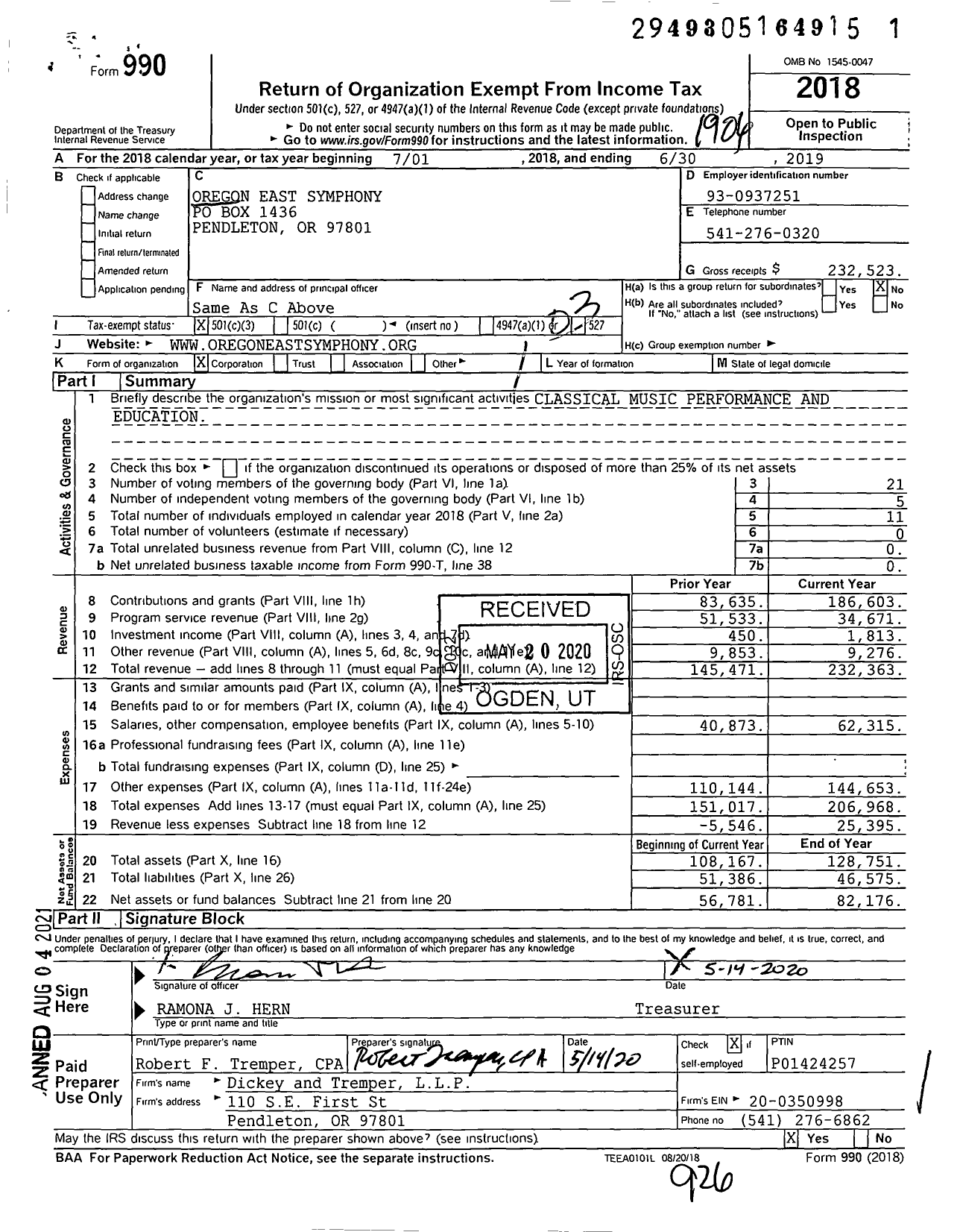 Image of first page of 2018 Form 990 for Oregon East Symphony