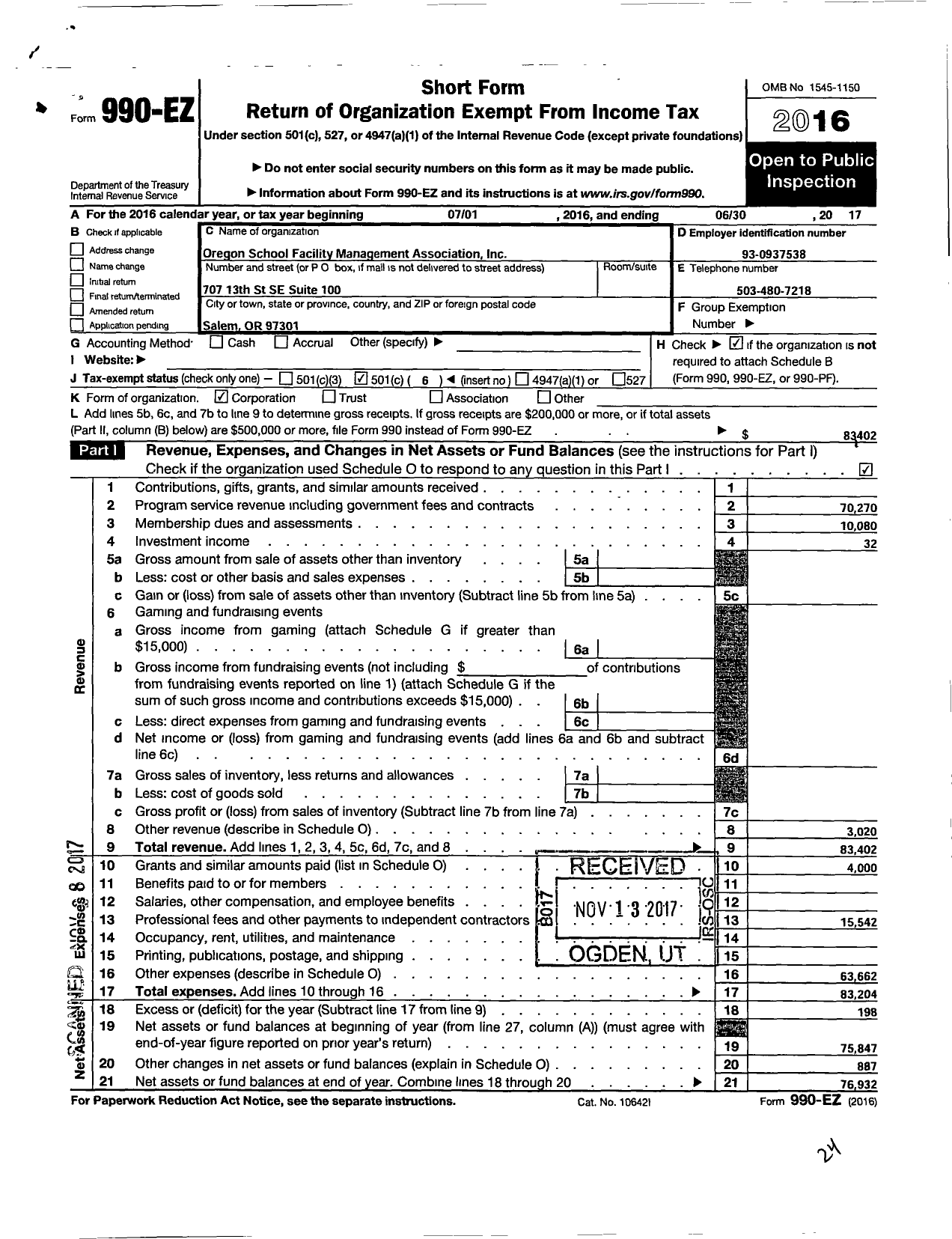 Image of first page of 2016 Form 990EO for Oregon School Facility Management Association