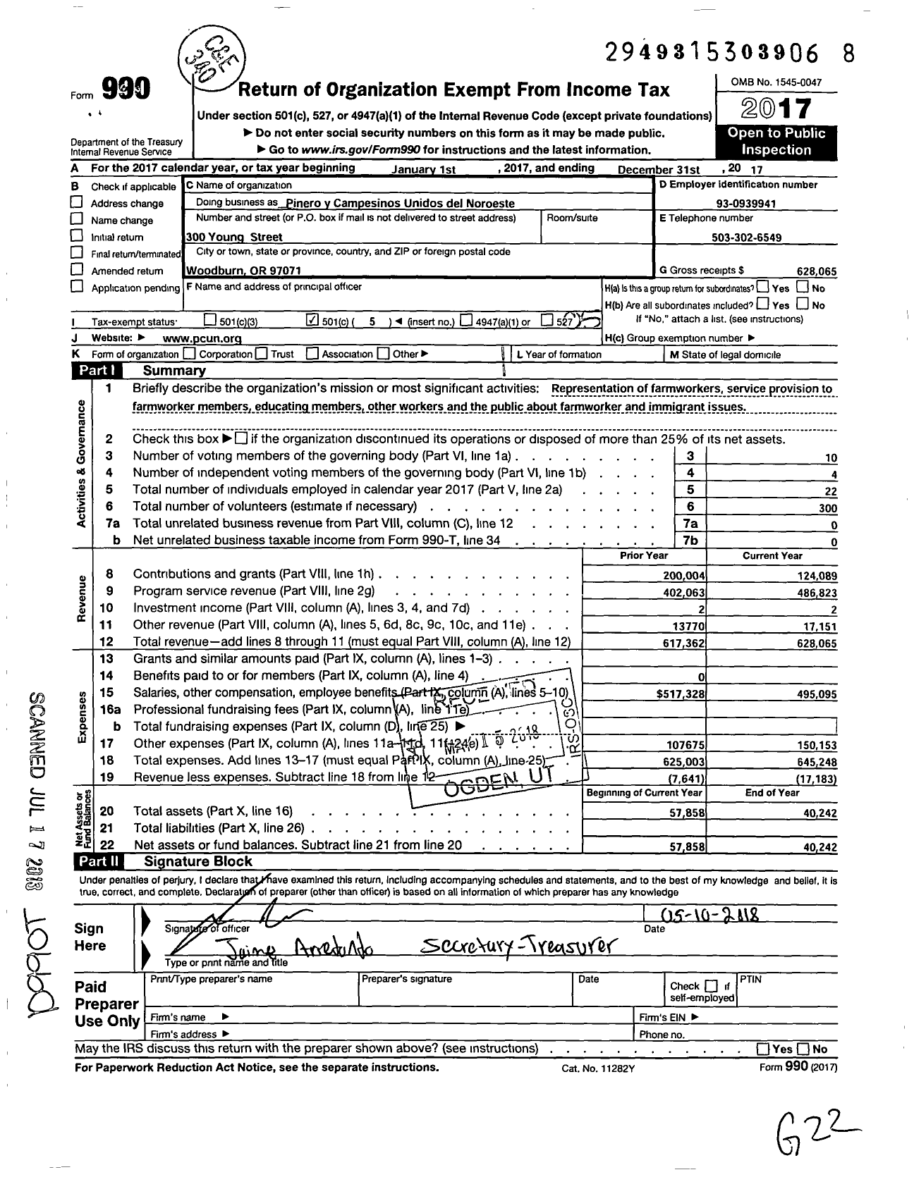 Image of first page of 2017 Form 990O for Pineros Y Campesinos Unidos Del Noroeste