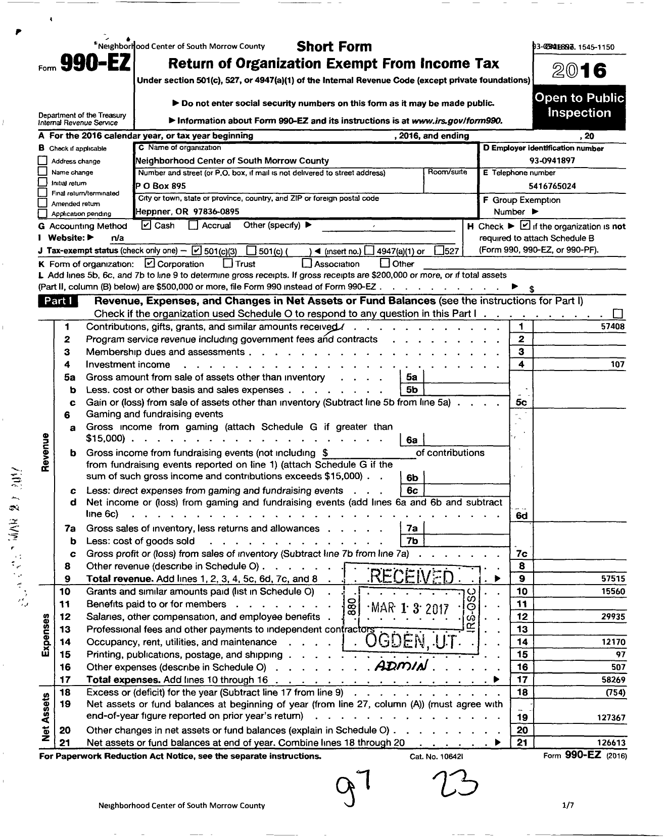 Image of first page of 2016 Form 990EZ for Neighborhood Center of South Morrow County