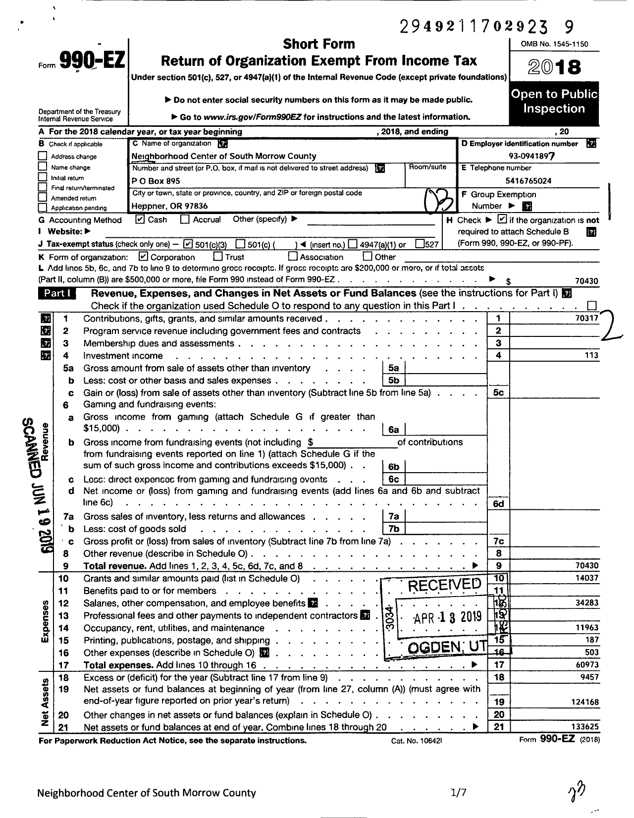 Image of first page of 2018 Form 990EZ for Neighborhood Center of South Morrow County