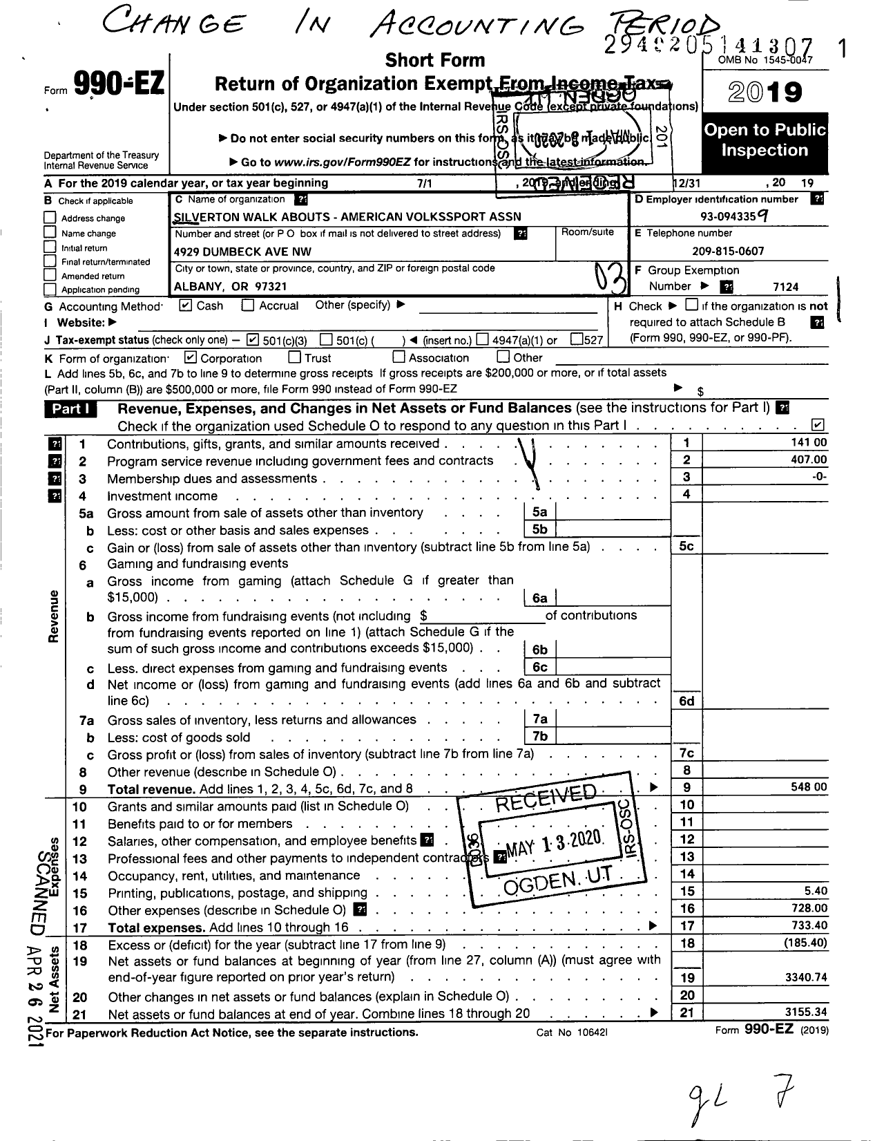 Image of first page of 2019 Form 990EZ for American Volkssport Association - 425 Silverton Walk Abouts