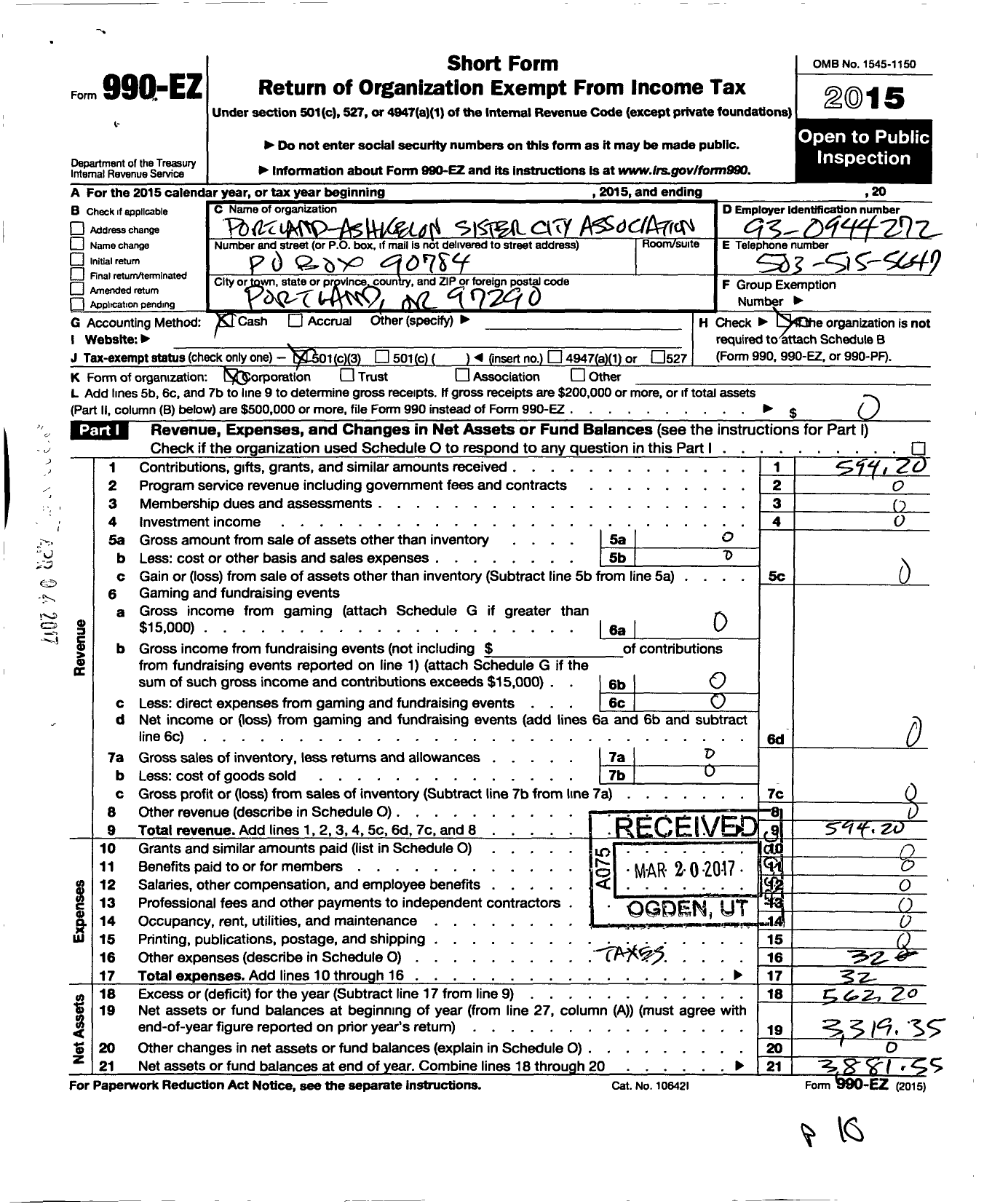 Image of first page of 2015 Form 990EZ for Portland-Ashkelon Sister City Association