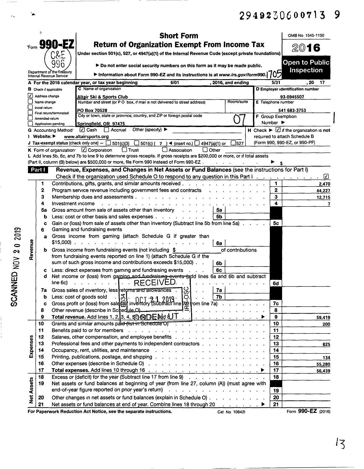 Image of first page of 2016 Form 990EO for Altair Ski and Sports Club