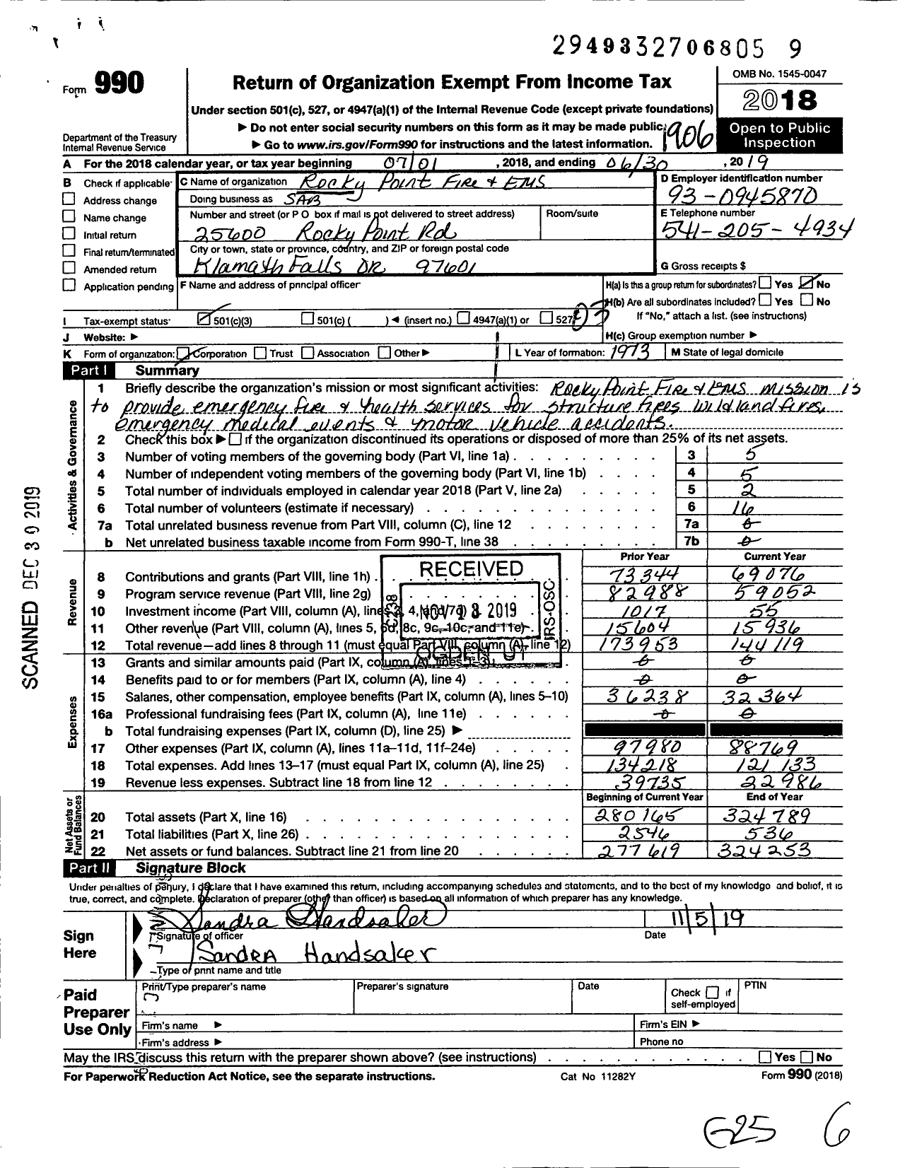 Image of first page of 2018 Form 990 for Rocky Point Fire and EMS