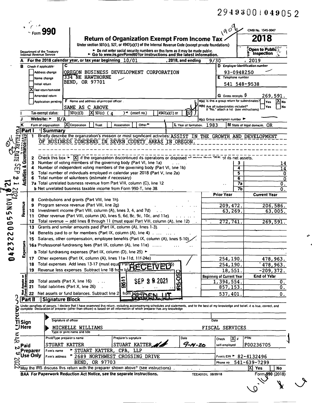 Image of first page of 2018 Form 990O for Oregon Business Development Corporation