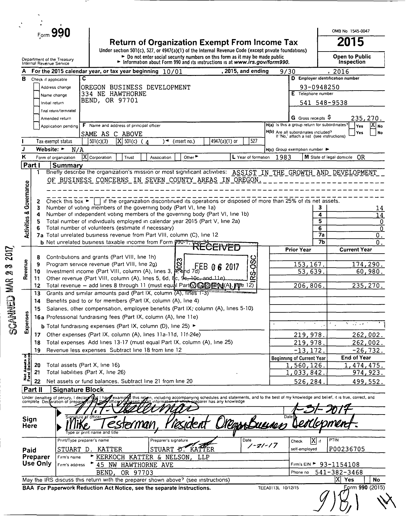 Image of first page of 2015 Form 990O for Oregon Business Development Corporation