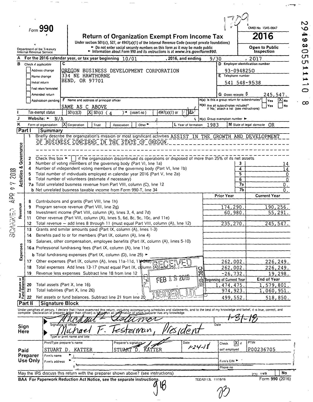 Image of first page of 2016 Form 990O for Oregon Business Development Corporation