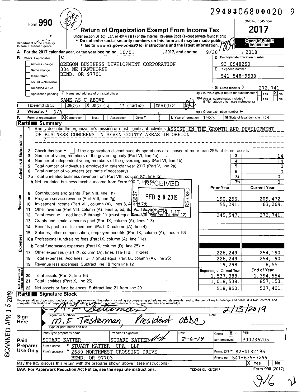 Image of first page of 2017 Form 990O for Oregon Business Development Corporation