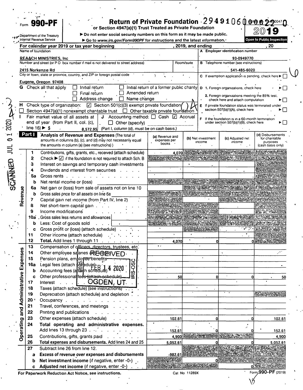 Image of first page of 2019 Form 990PR for Reaach Ministries