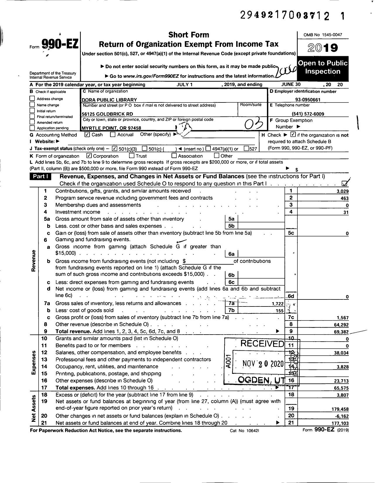 Image of first page of 2019 Form 990EZ for Dora Public Library