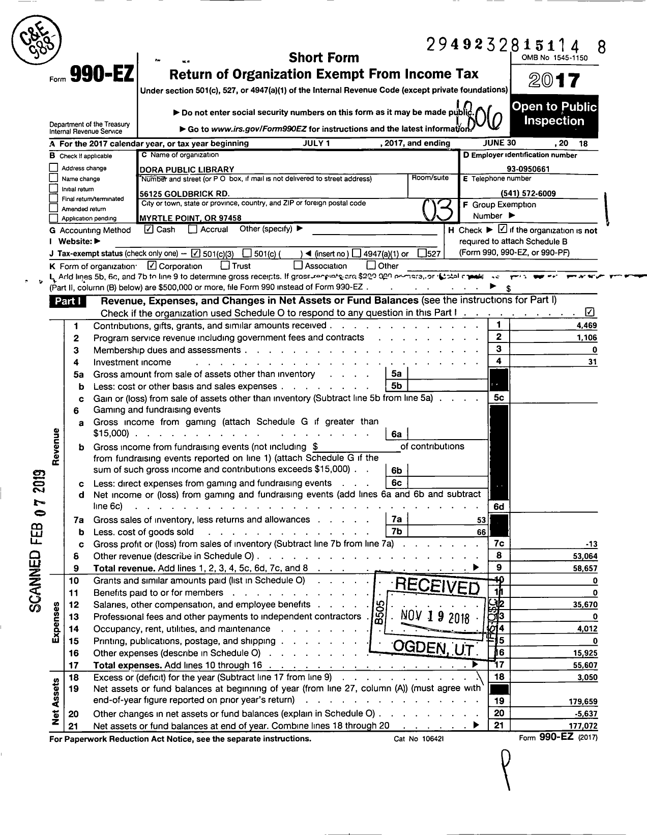 Image of first page of 2017 Form 990EZ for Dora Public Library