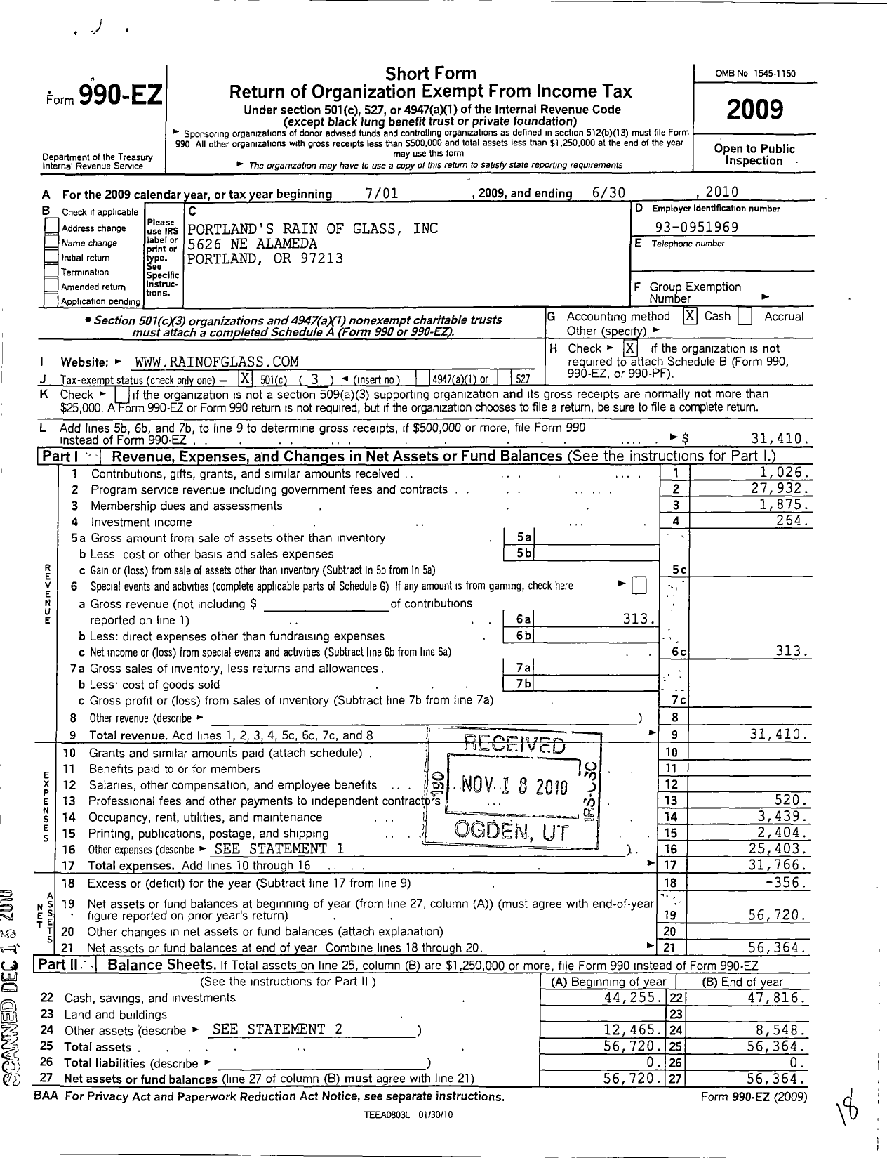 Image of first page of 2009 Form 990EZ for Portlands Rain of Glass