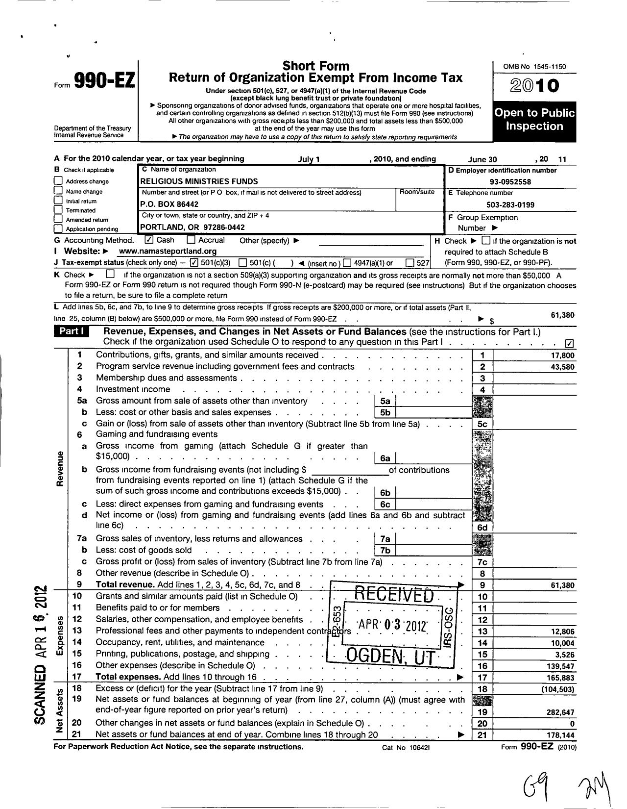 Image of first page of 2010 Form 990EZ for Religious Ministries Fund