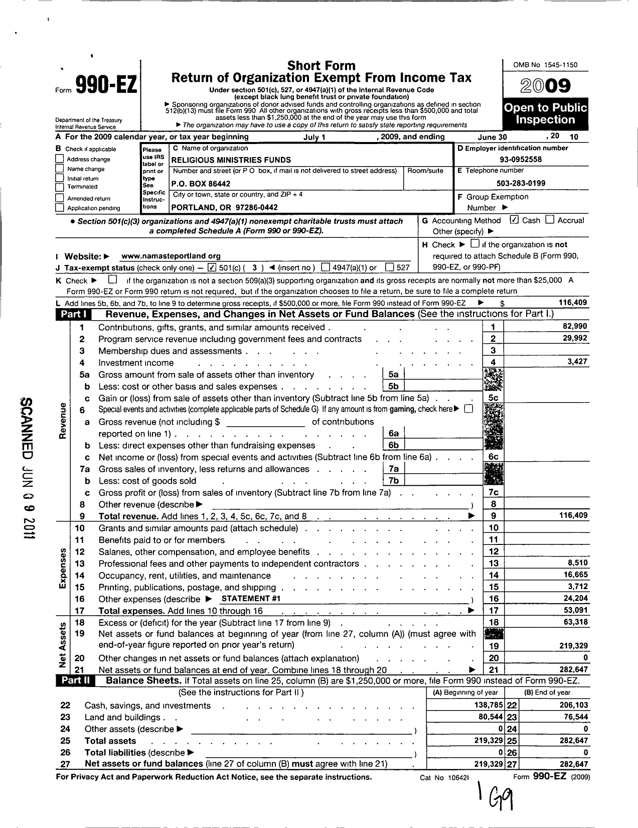 Image of first page of 2009 Form 990EZ for Religious Ministries Fund