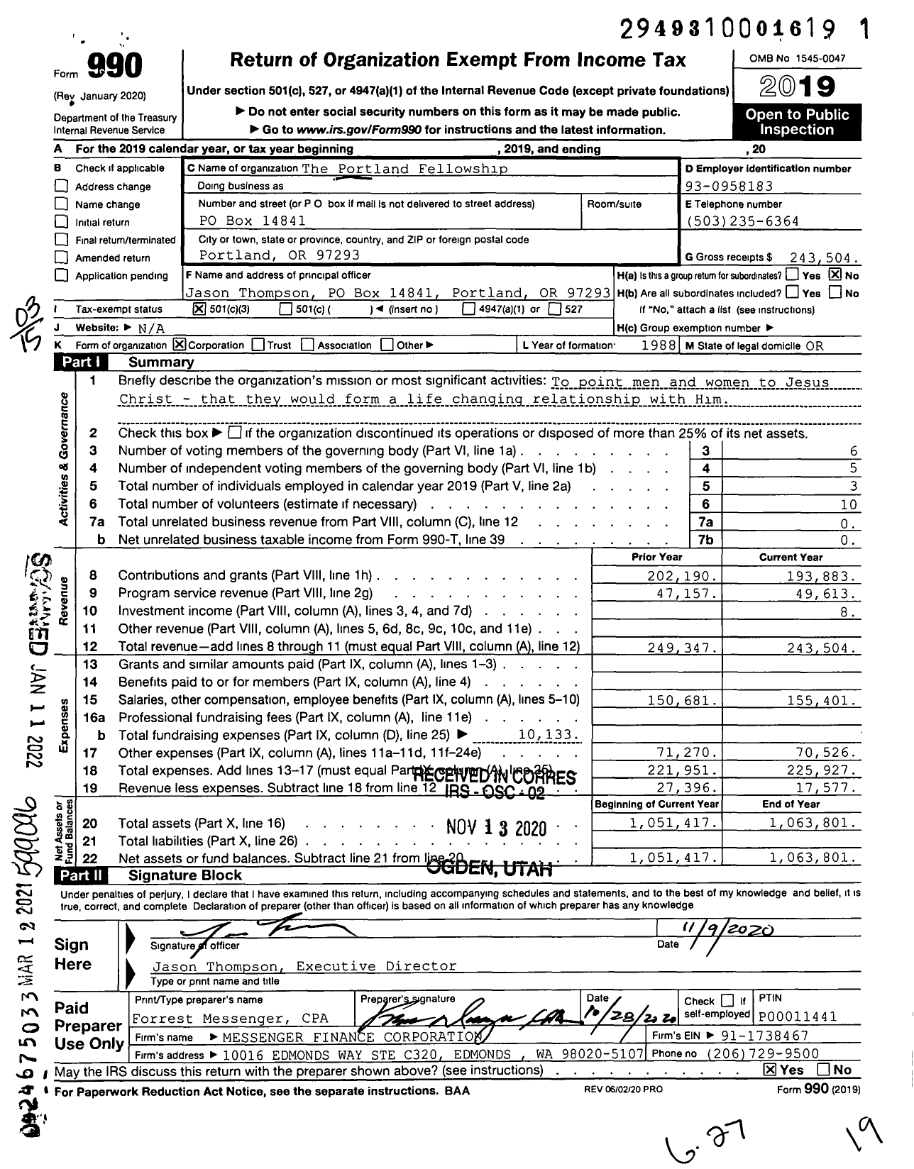 Image of first page of 2019 Form 990 for The Portland Fellowship