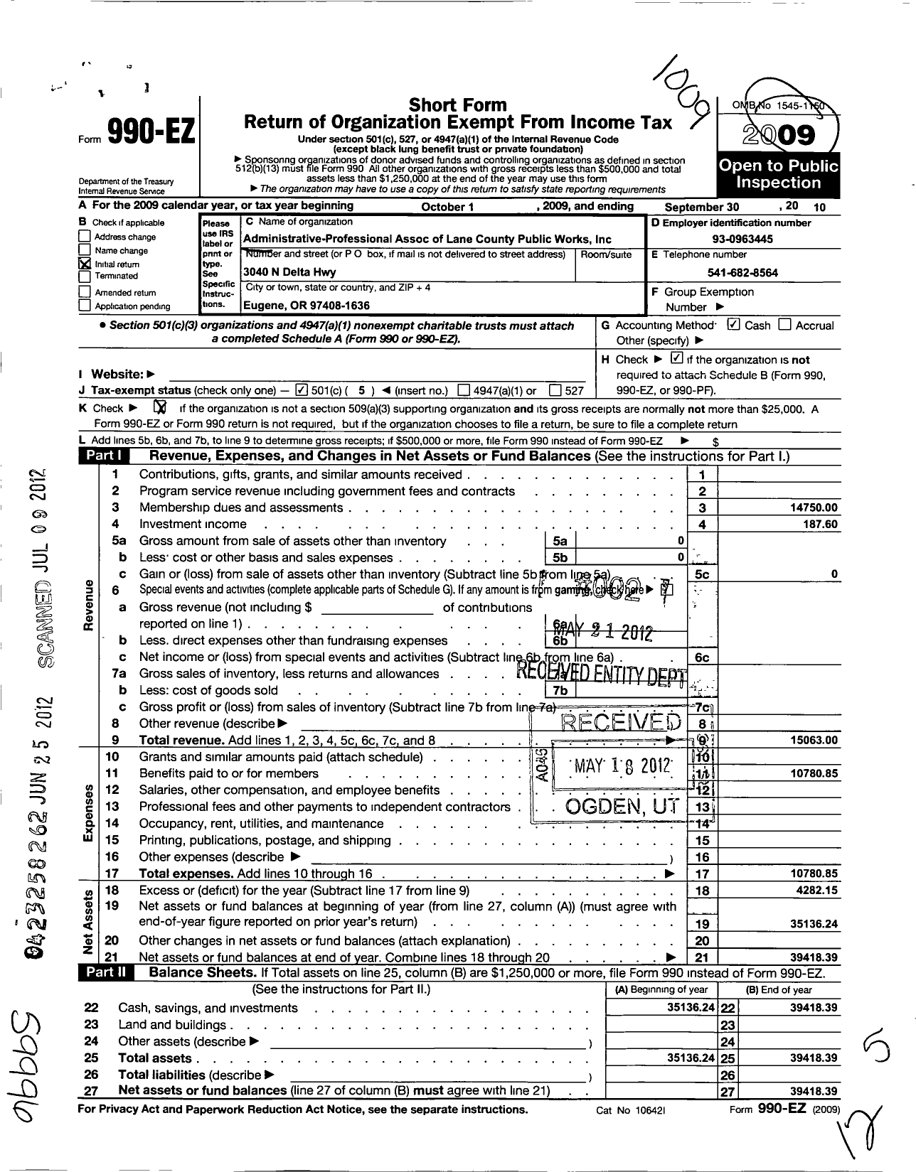 Image of first page of 2009 Form 990EO for Administrative Professional Association of Lane County