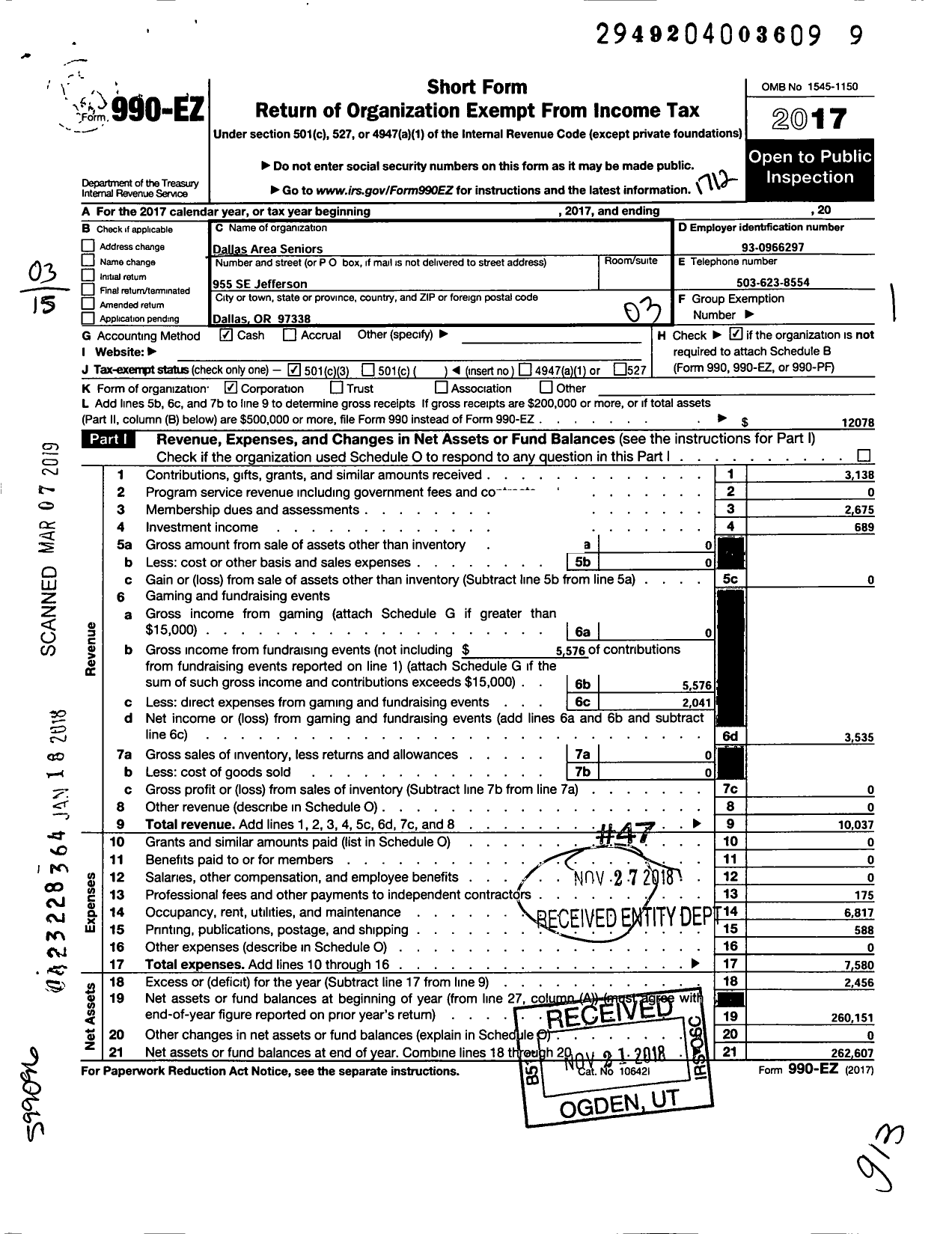 Image of first page of 2017 Form 990EZ for Dallas Area Seniors