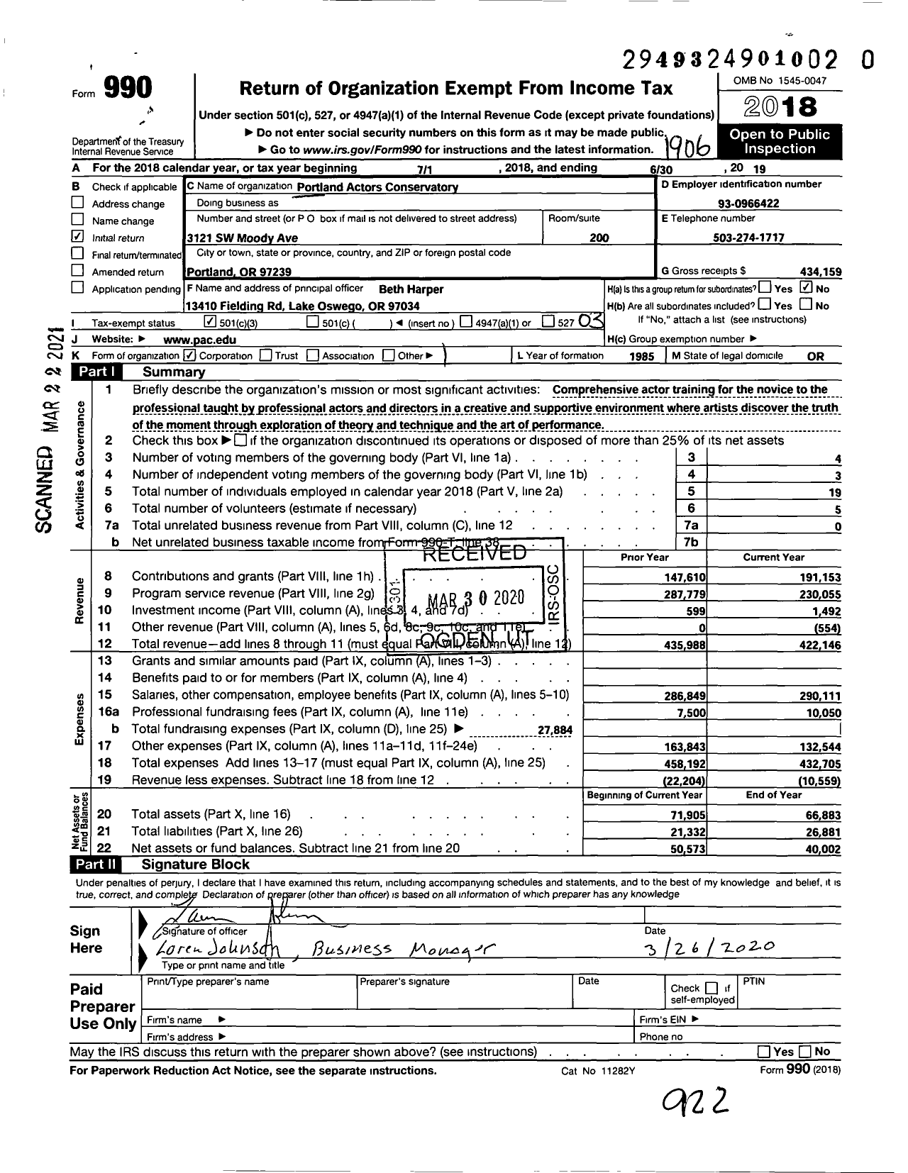 Image of first page of 2018 Form 990 for Portland Actors Conservatory