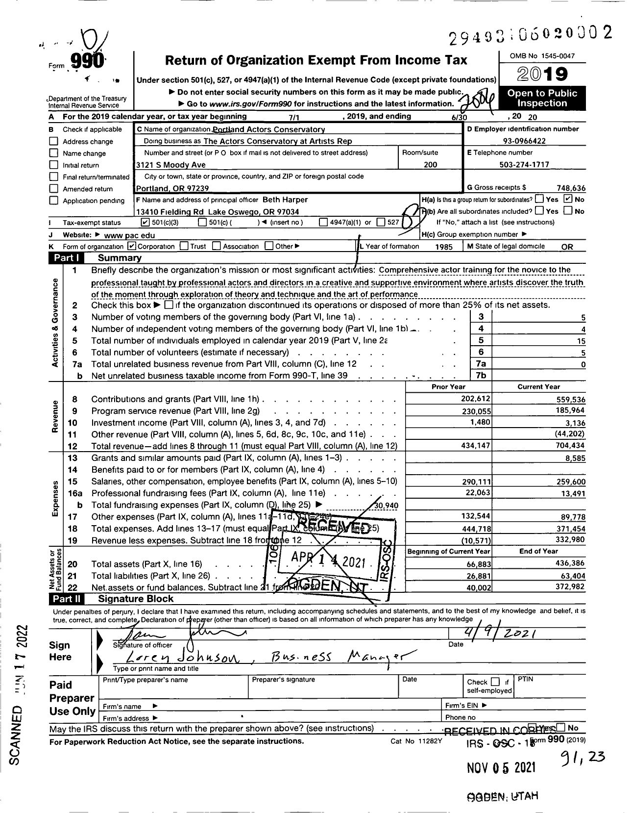 Image of first page of 2019 Form 990 for Portland Actors Conservatory