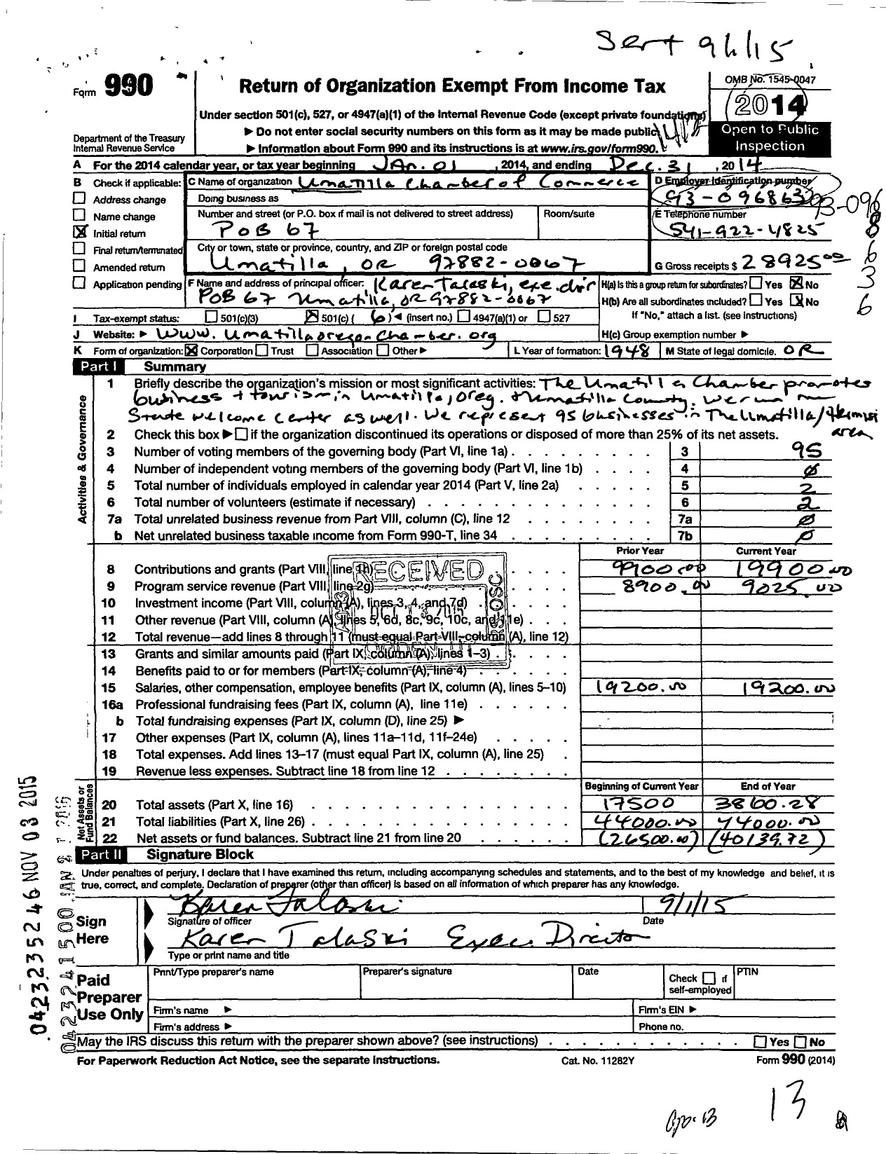 Image of first page of 2014 Form 990O for Umatilla Chamber of Commerce and Visitor Center