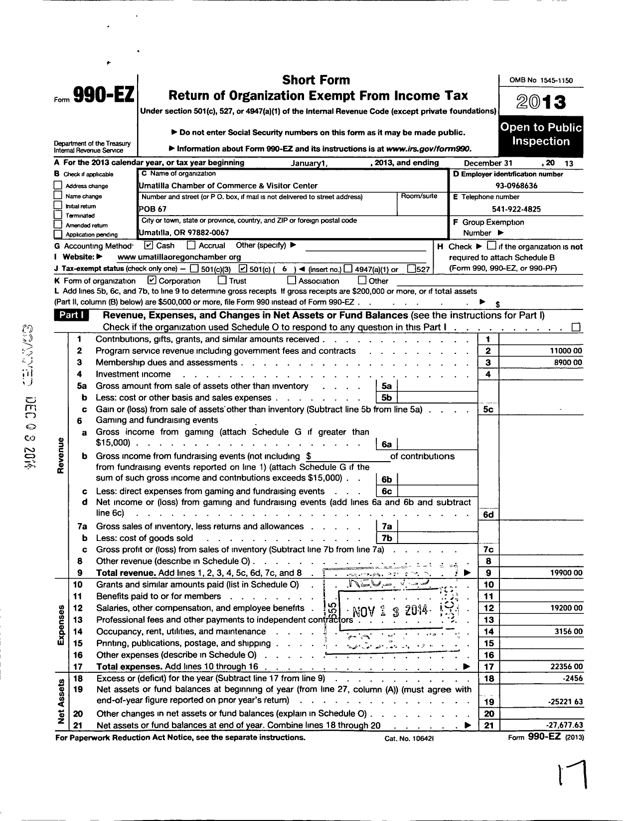 Image of first page of 2013 Form 990EO for Umatilla Chamber of Commerce and Visitor Center