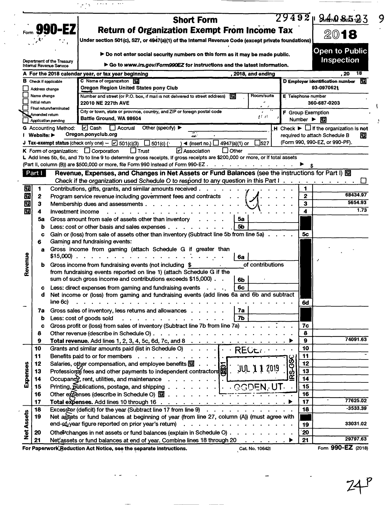 Image of first page of 2018 Form 990EZ for The United States Pony Clubs / Us Pony Club Oregon Region