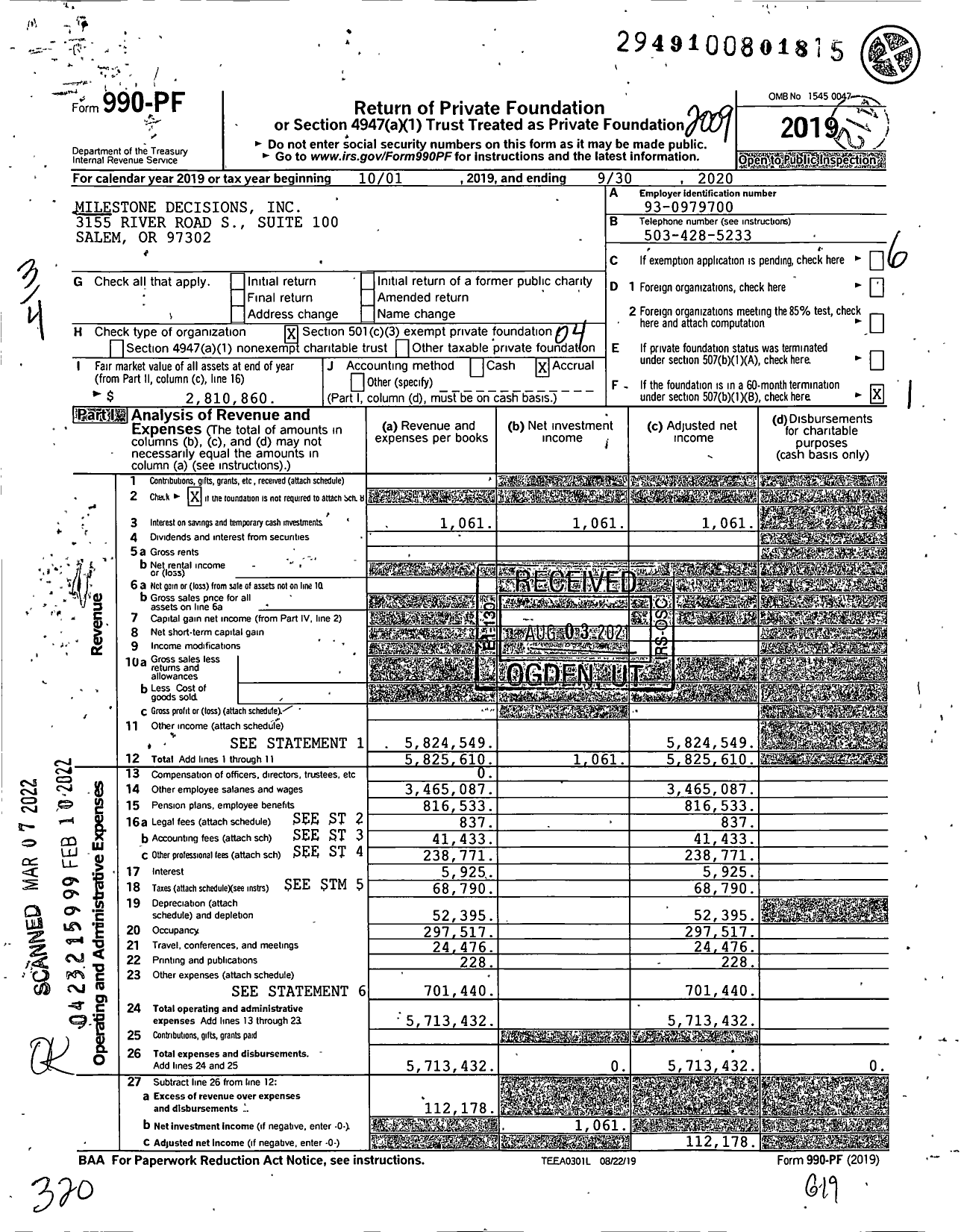Image of first page of 2019 Form 990PF for Milestone Decisions
