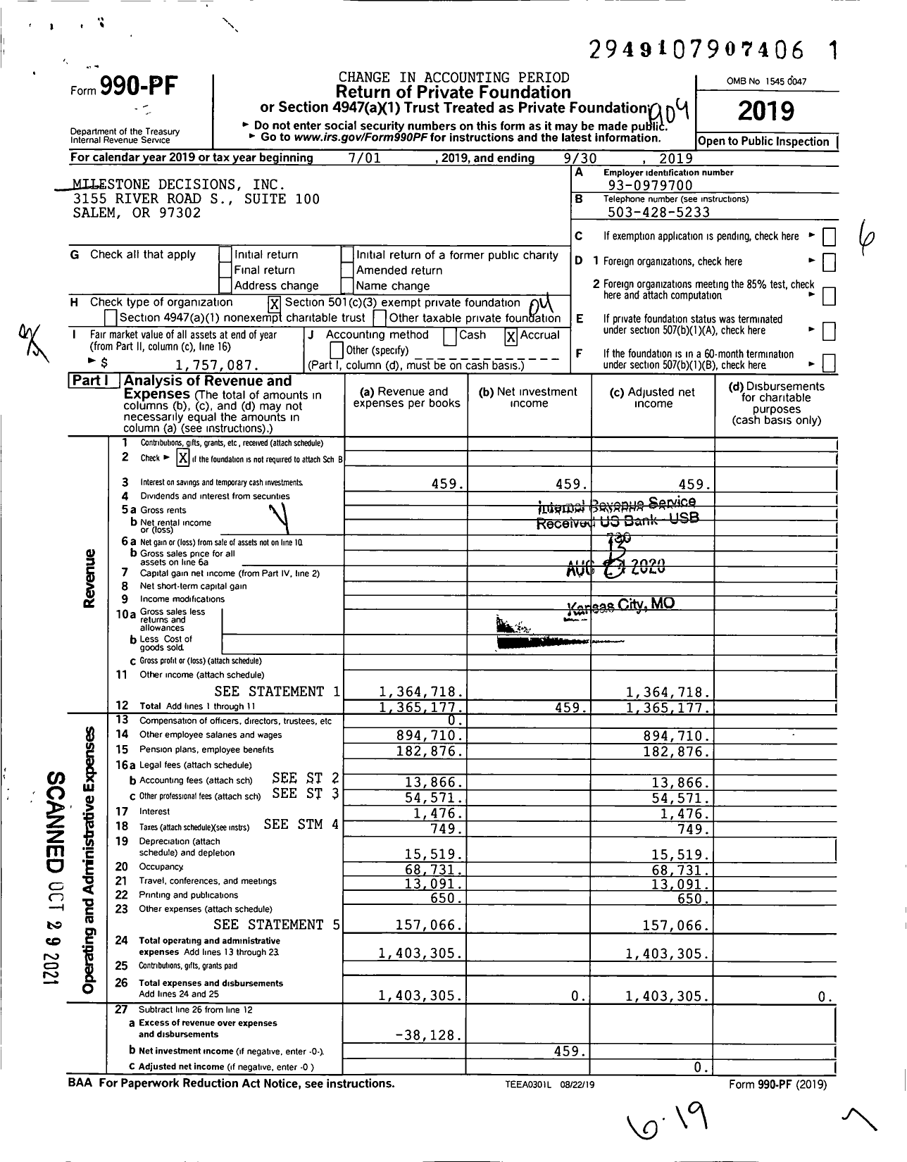 Image of first page of 2018 Form 990PF for Milestone Decisions