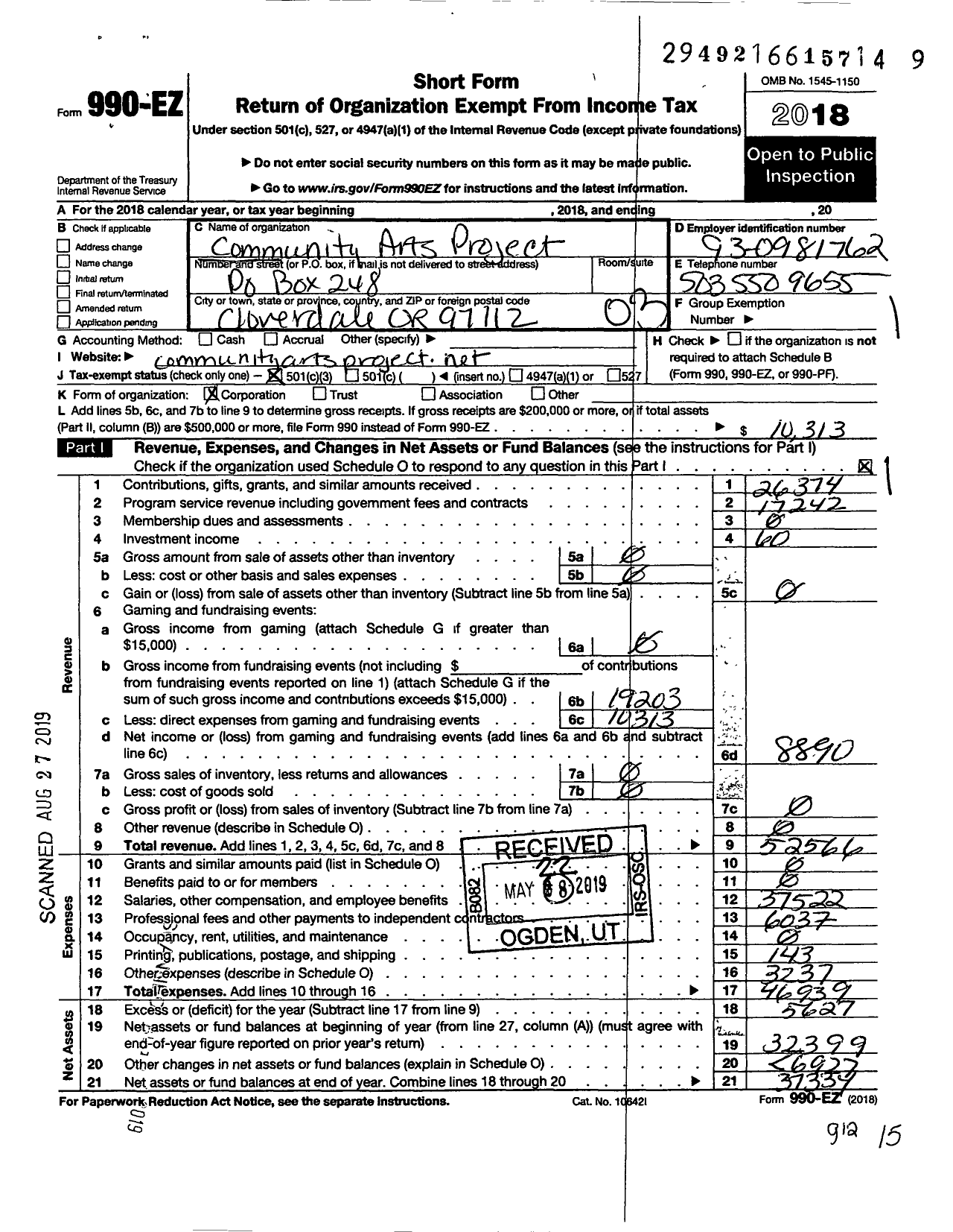 Image of first page of 2018 Form 990EZ for Community Arts Project