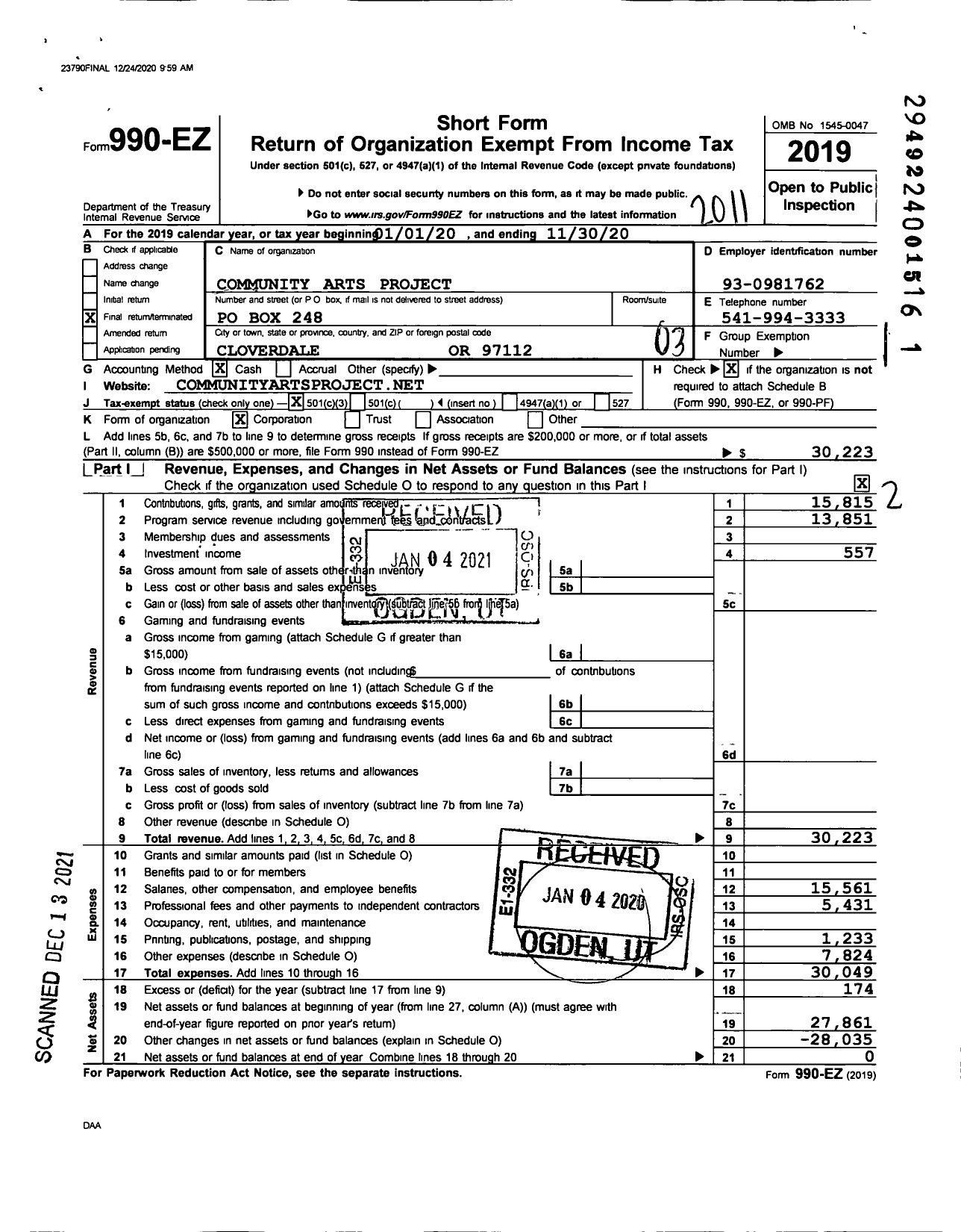 Image of first page of 2019 Form 990EZ for Community Arts Project