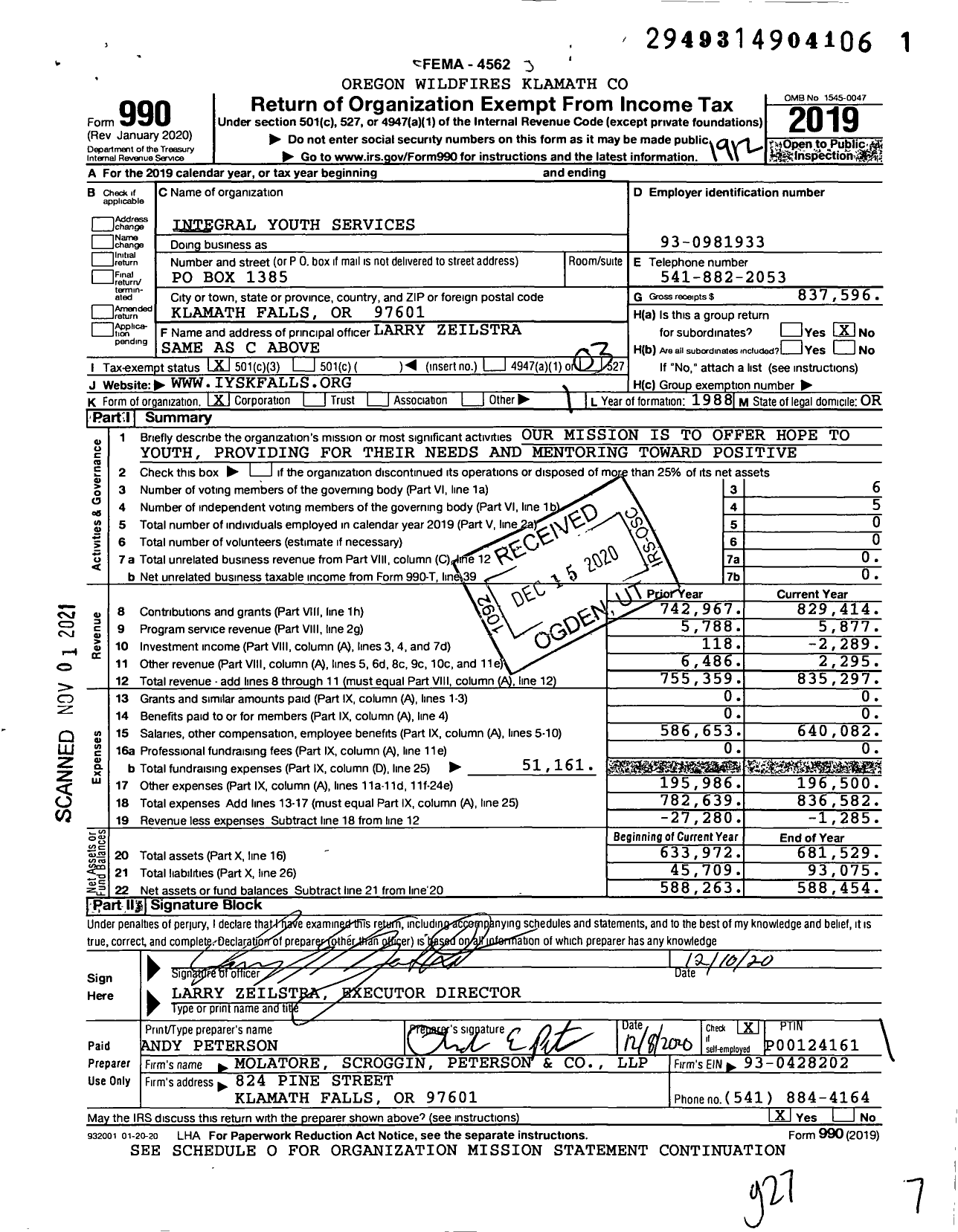 Image of first page of 2019 Form 990 for Integral Youth Services