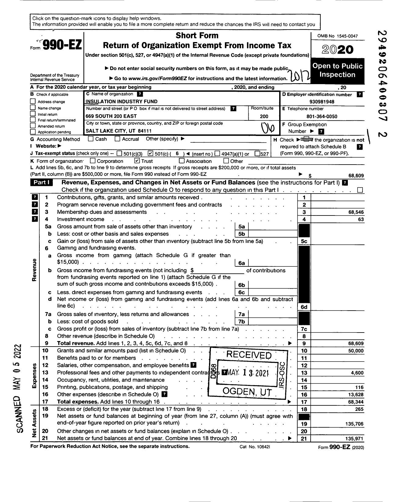 Image of first page of 2020 Form 990EO for Insulation Industry Fund