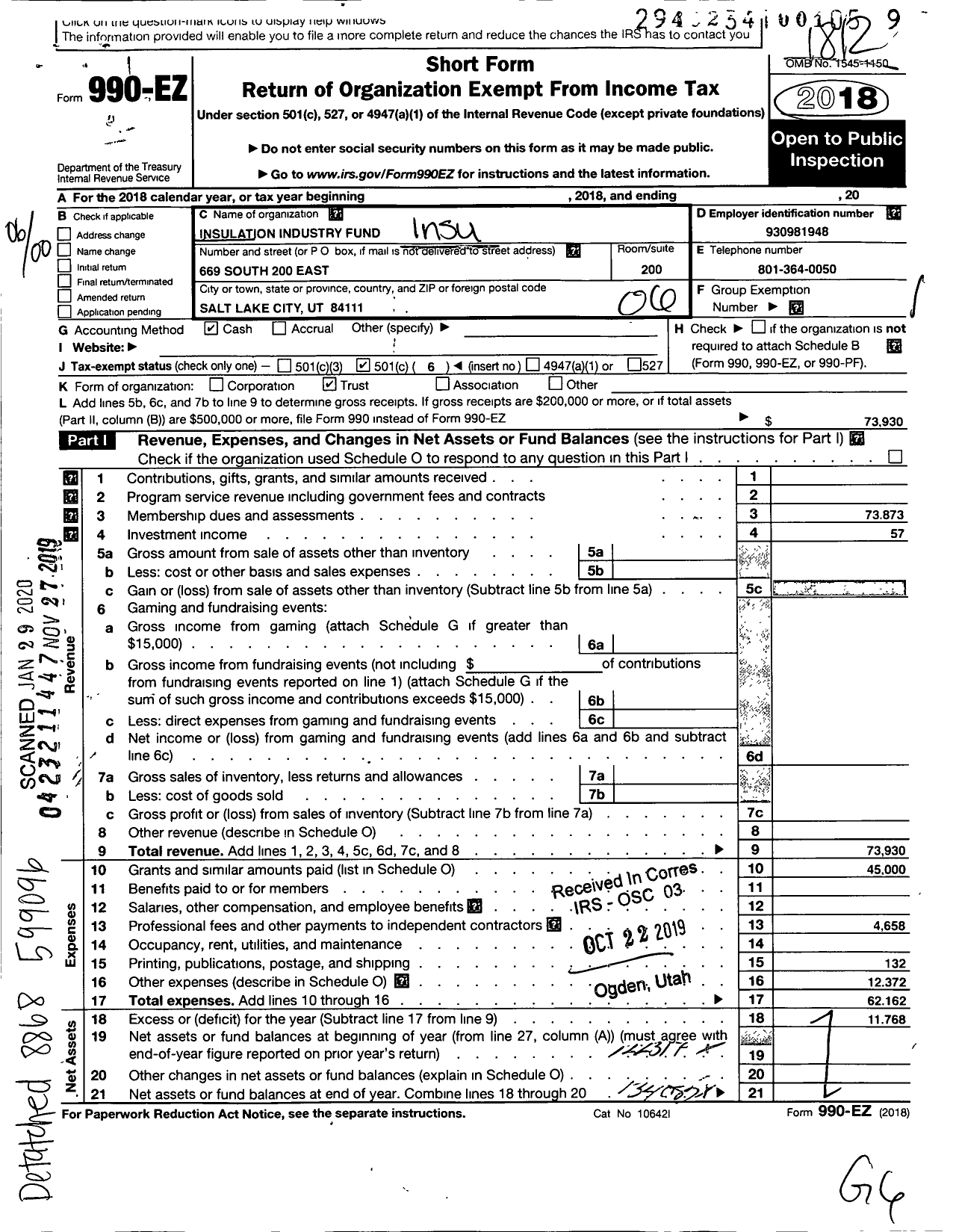 Image of first page of 2018 Form 990EO for Insulation Industry Fund