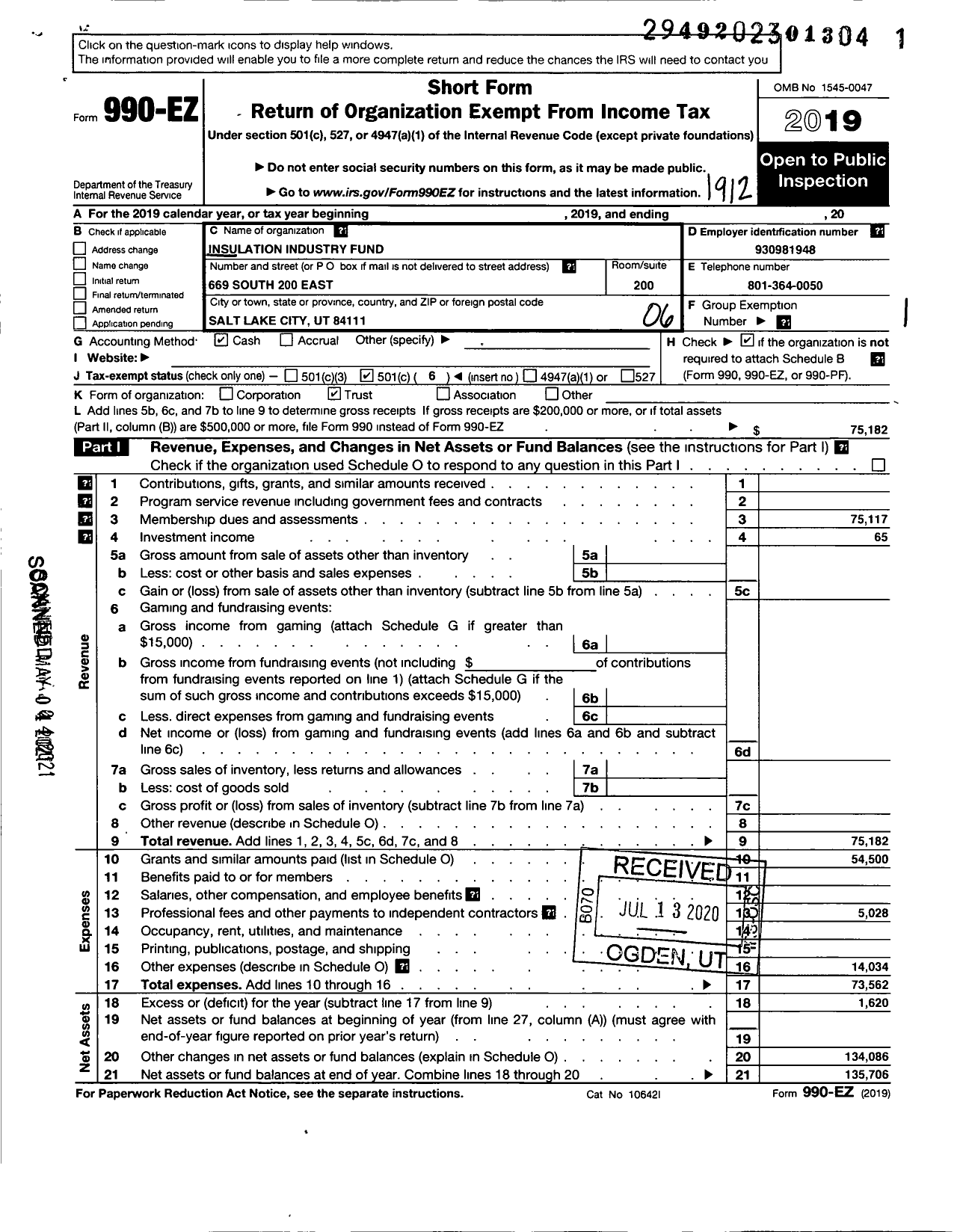 Image of first page of 2019 Form 990EO for Insulation Industry Fund