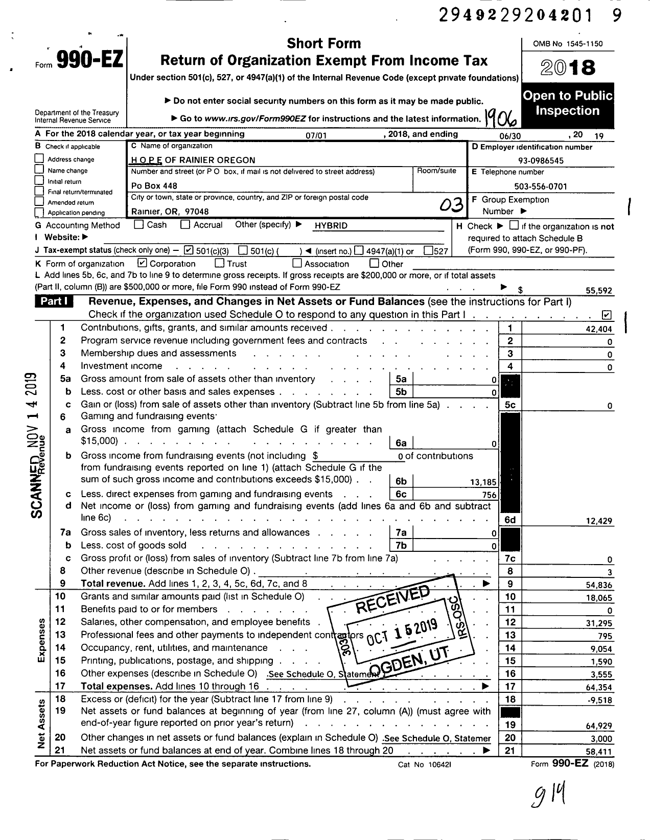 Image of first page of 2018 Form 990EZ for Hope of Rainier Oregon