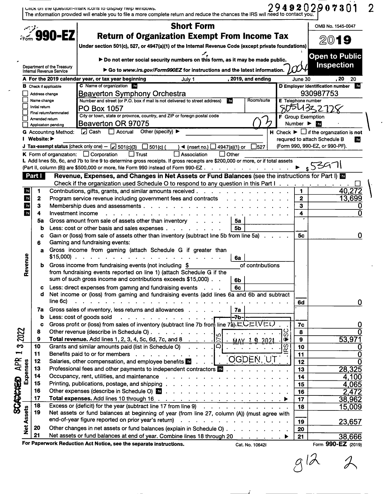 Image of first page of 2019 Form 990EZ for Beaverton Symphony Orchestra