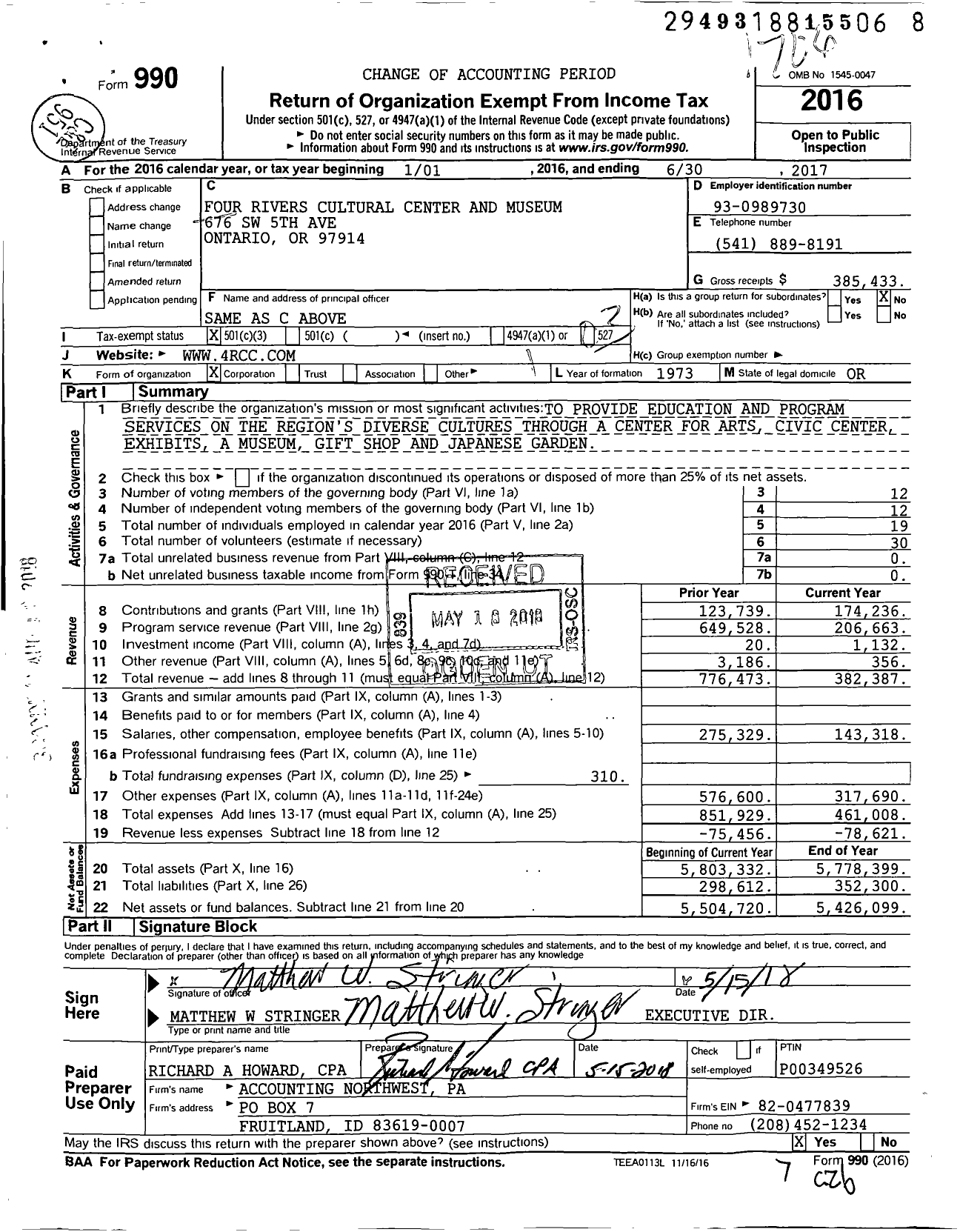 Image of first page of 2016 Form 990 for Four Rivers Cultural Center and Museum