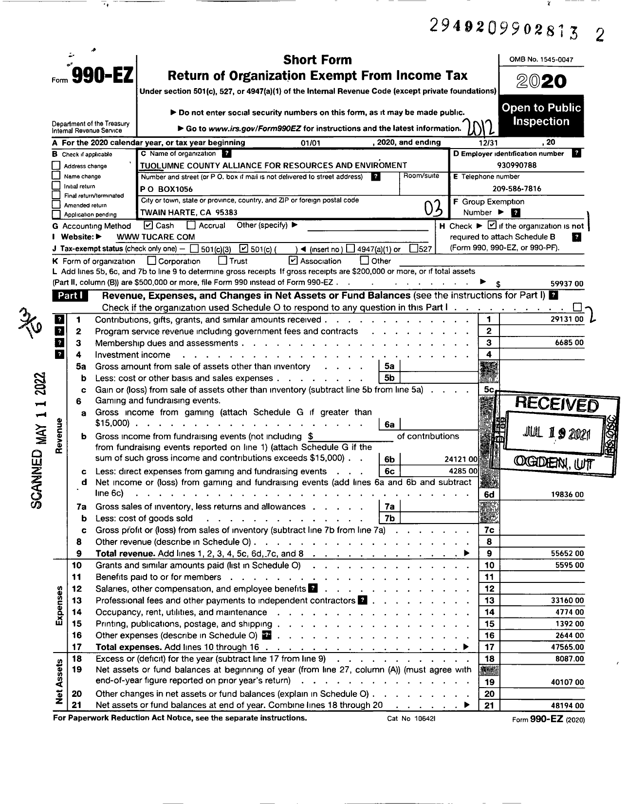 Image of first page of 2020 Form 990EZ for Tuolumne County Alliance for Resources and Environment