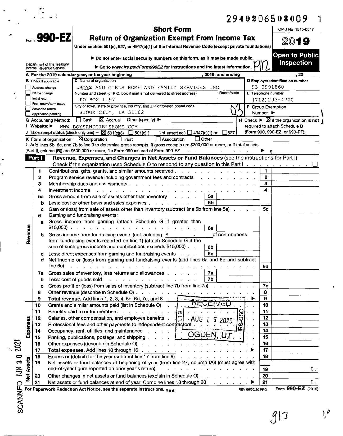 Image of first page of 2019 Form 990EZ for Boys and Girls Home and Family Services